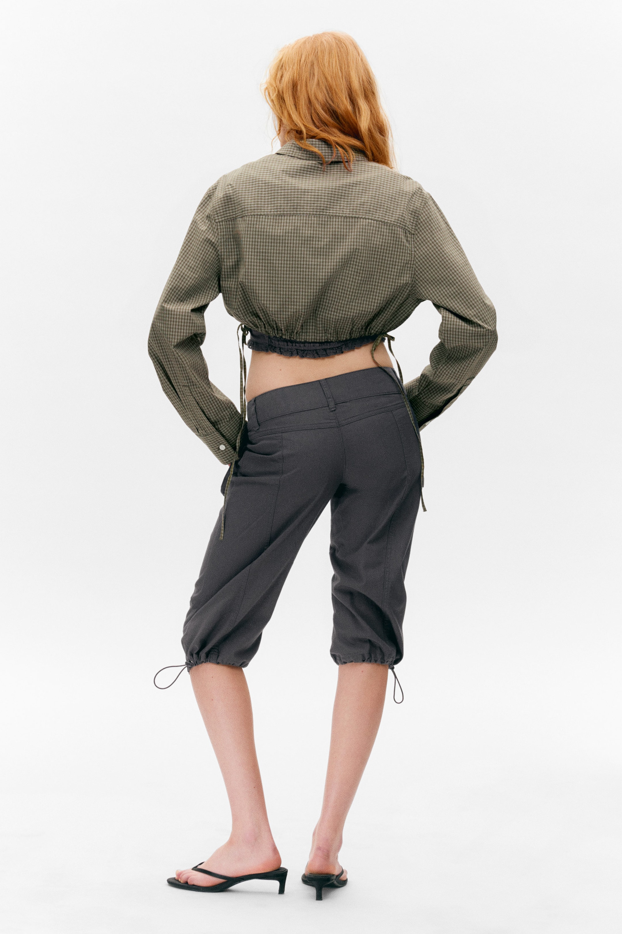 Checked Dark Khaki Green - Cropped Loose Cargo Shirt - 3