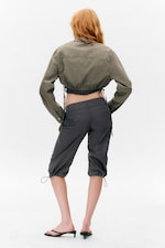 Checked Dark Khaki Green - Cropped Loose Cargo Shirt - 3