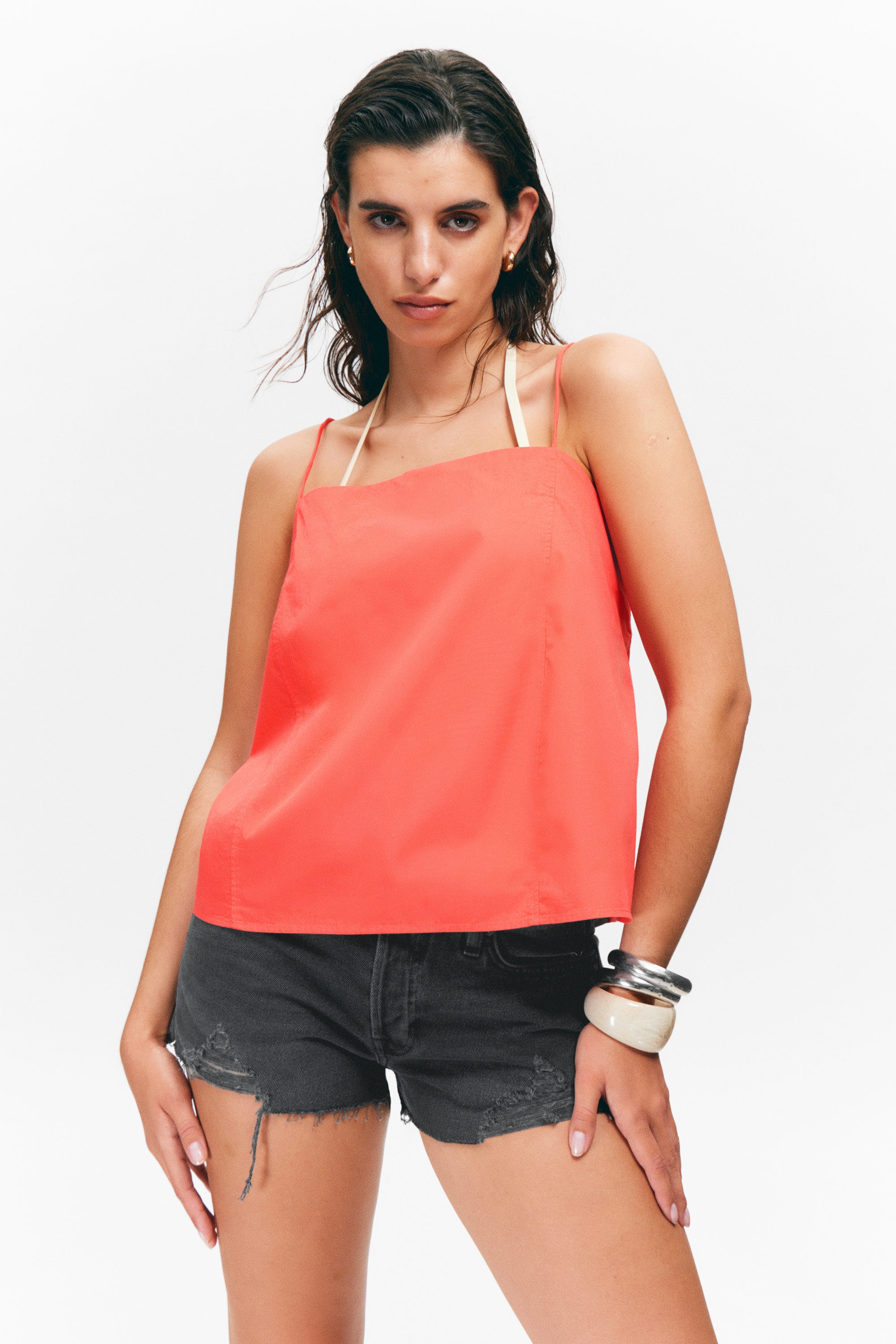 Light Red - Drawstring Poplin Strap Top - 1