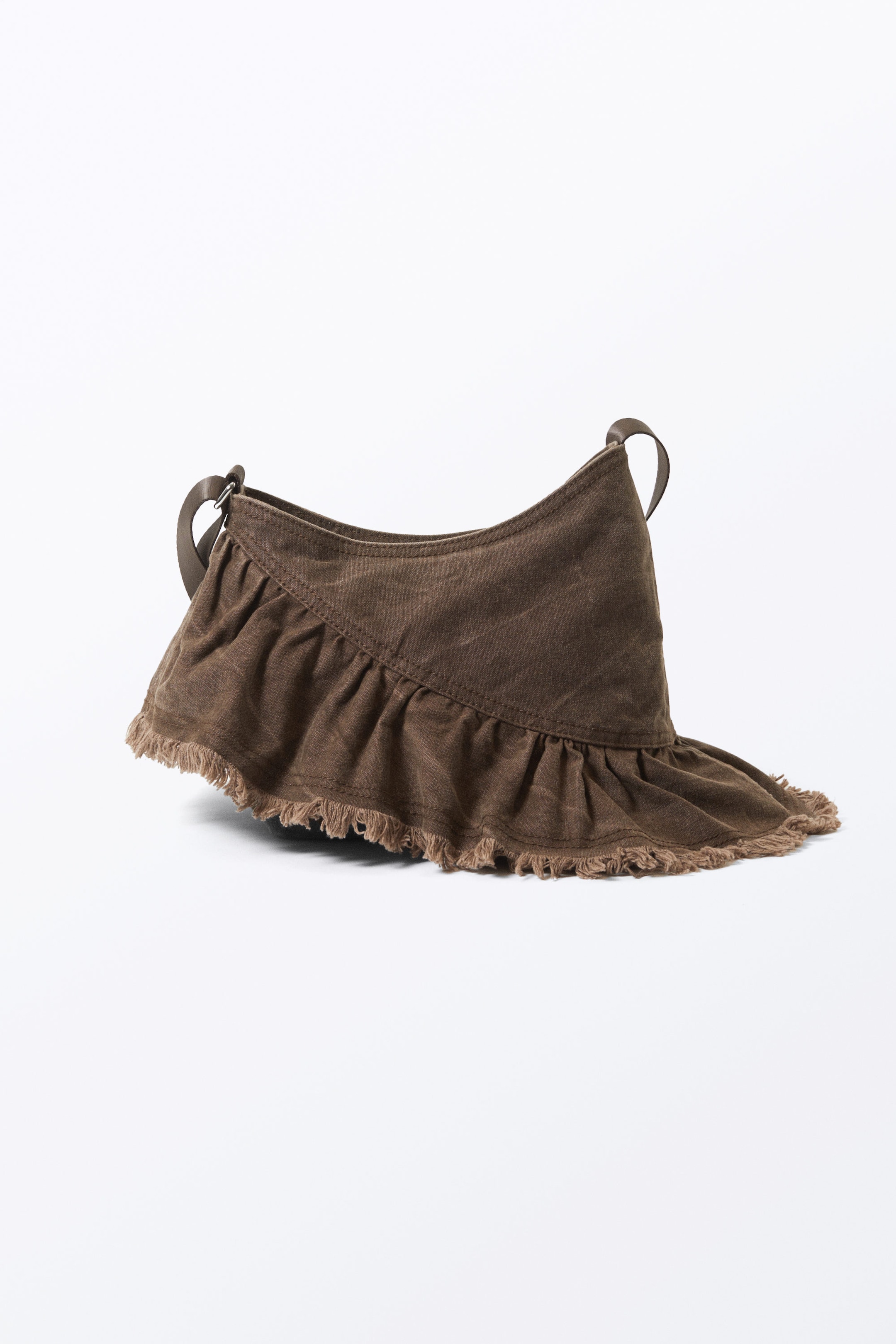 Washed Dark Brown - Frilled Cotton Canvas Handbag - 2