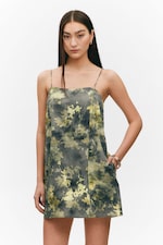 Grey - Dirty Floral - Tie-Back Twill Mini Dress - 1