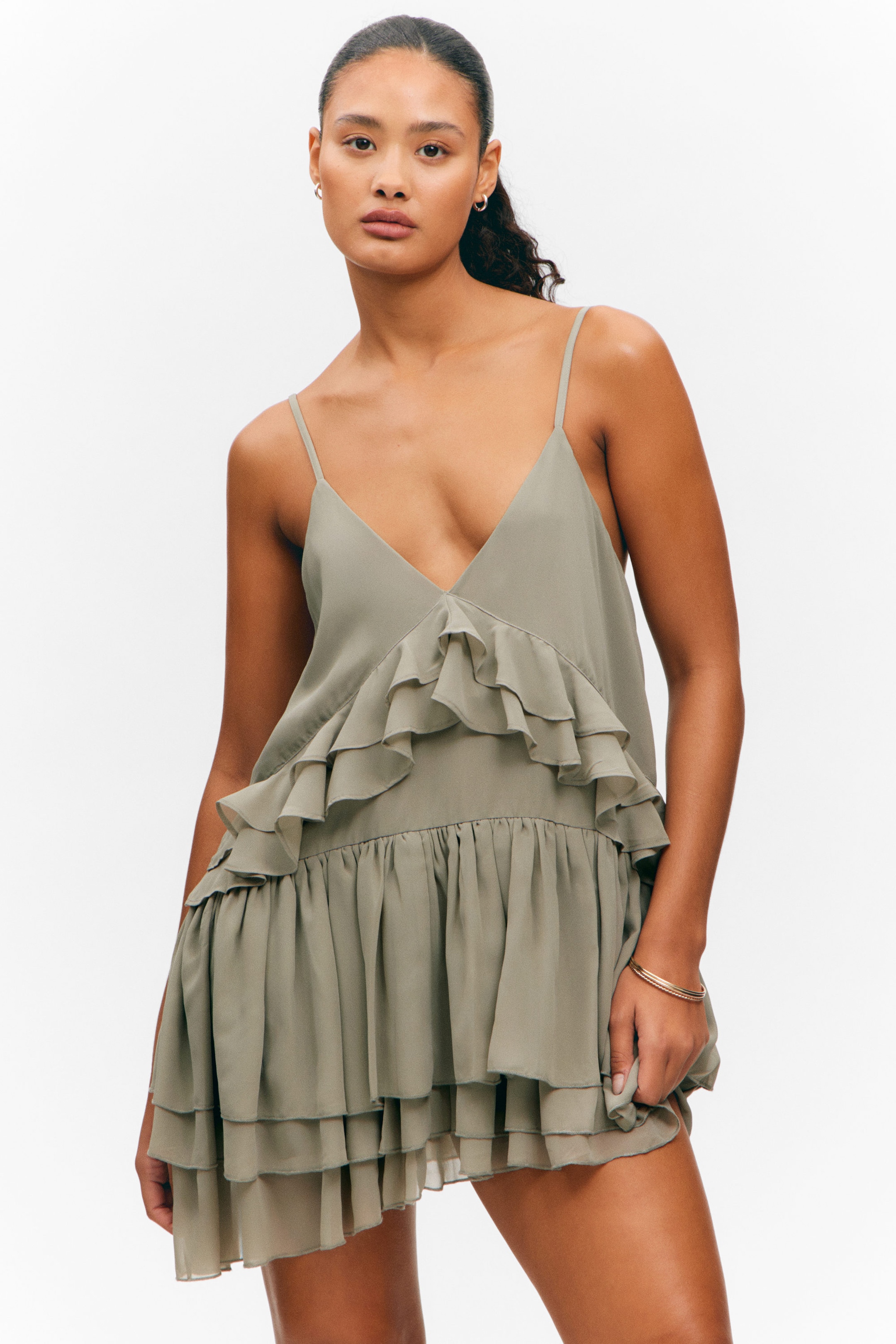Khaki Green - Layered Ruffled Mini Cami Dress - 2