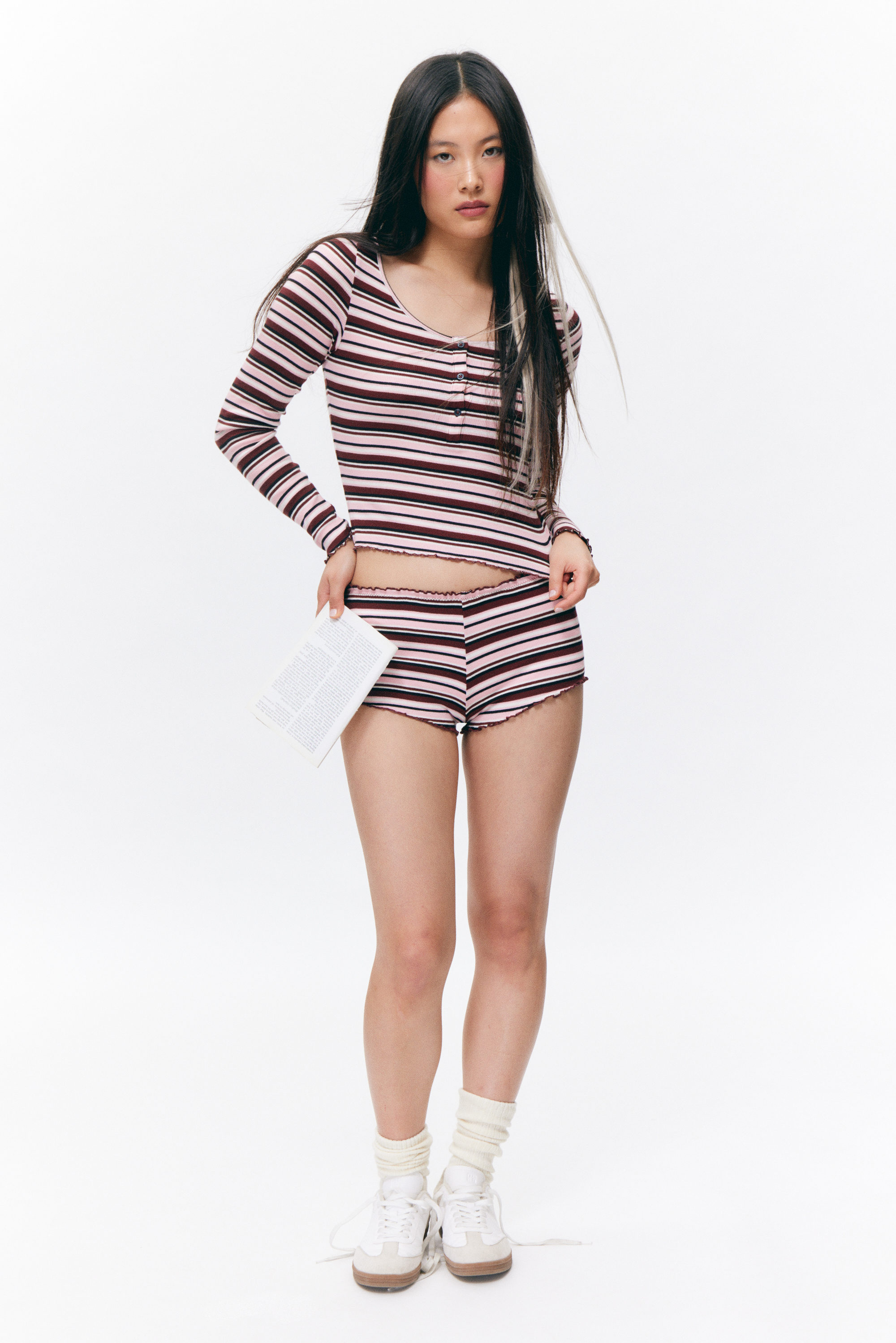 Dark Red & Pink Stripe - Ribbed Mini Henley Top - 0