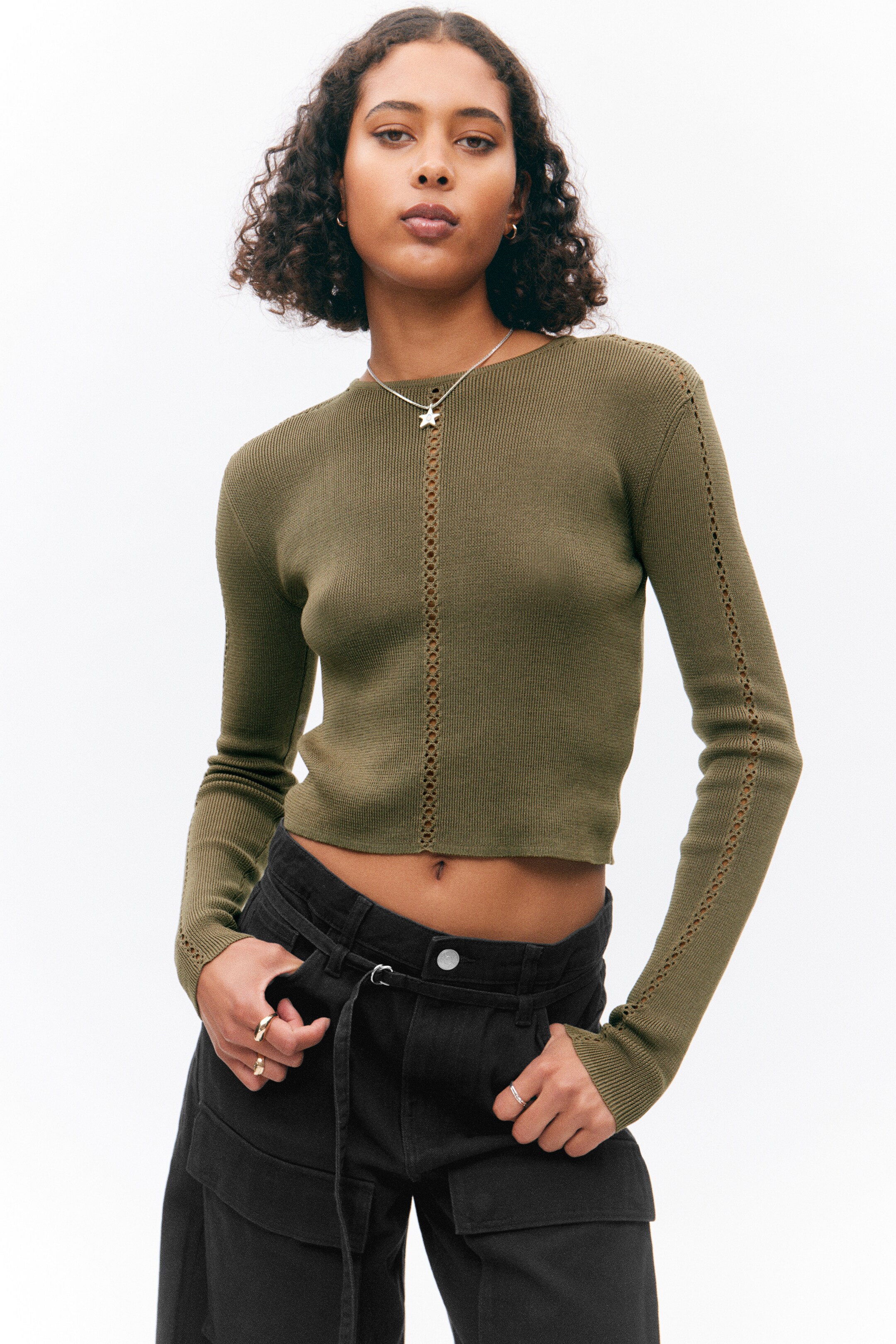 Προβολή μεγαλύτερης εικόνας: Long-Sleeved Knitted Cut-Out Detailed Top - Khaki Green - Ladies | H&M GR 1