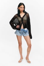 Black - Open-Knit Button-Up Cardigan - 1