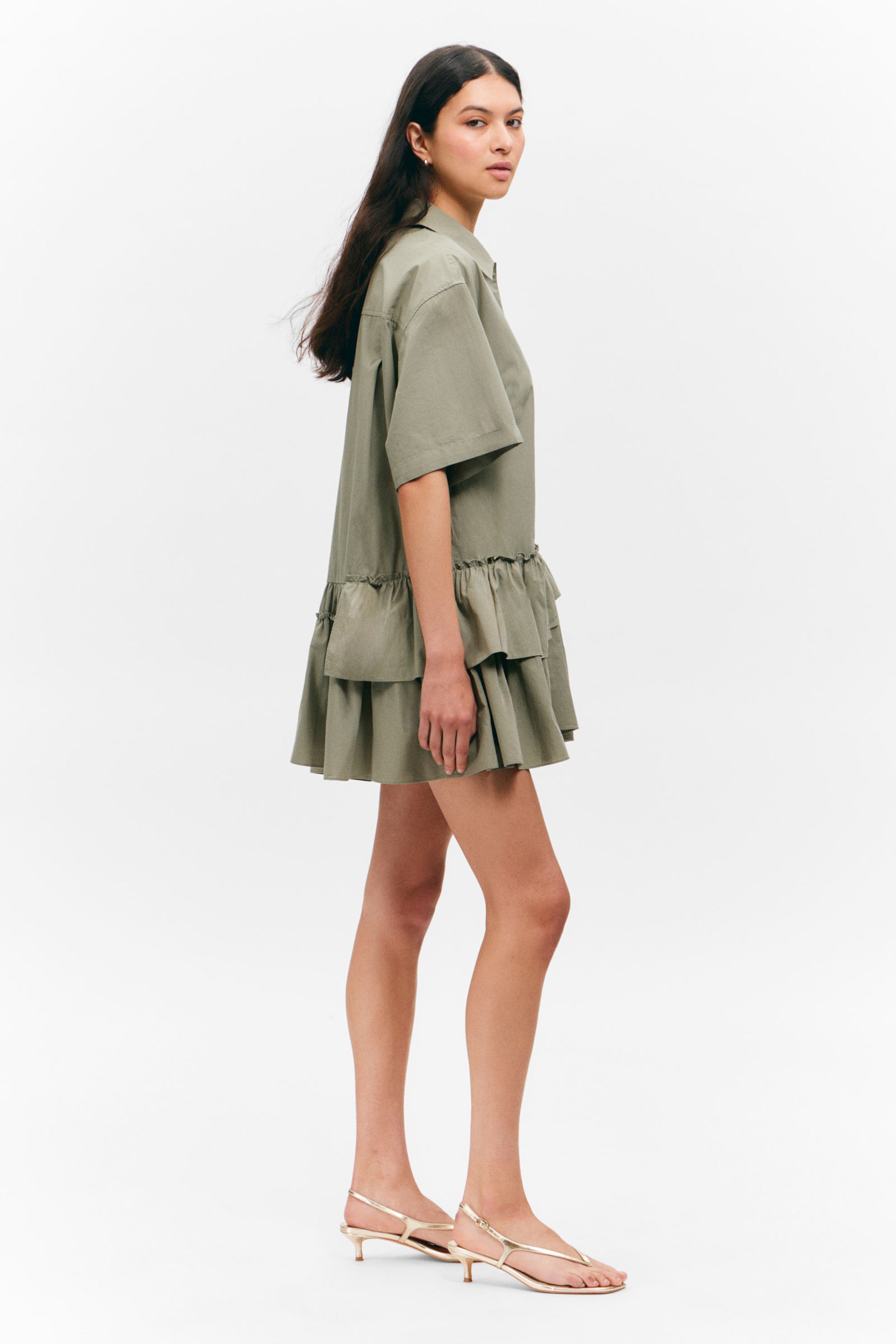 Khaki Green - Oversized Ruffled Mini Shirt Dress - 2