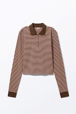 Dark Brown & Pink Stripes - Long-Sleeved Polo Top - 0