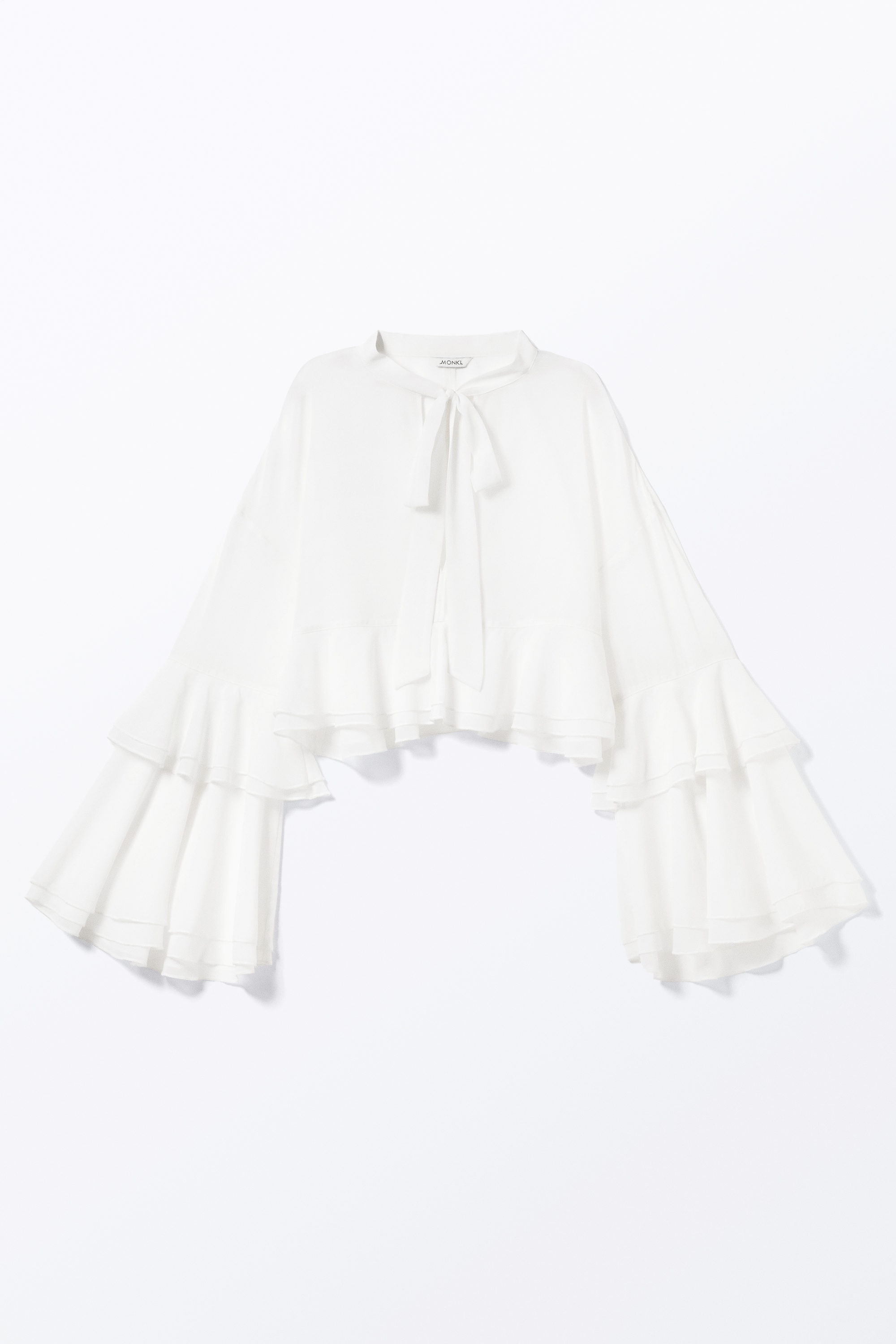 White - Flared Frill-Sleeved Tie-Neck Blouse - 4