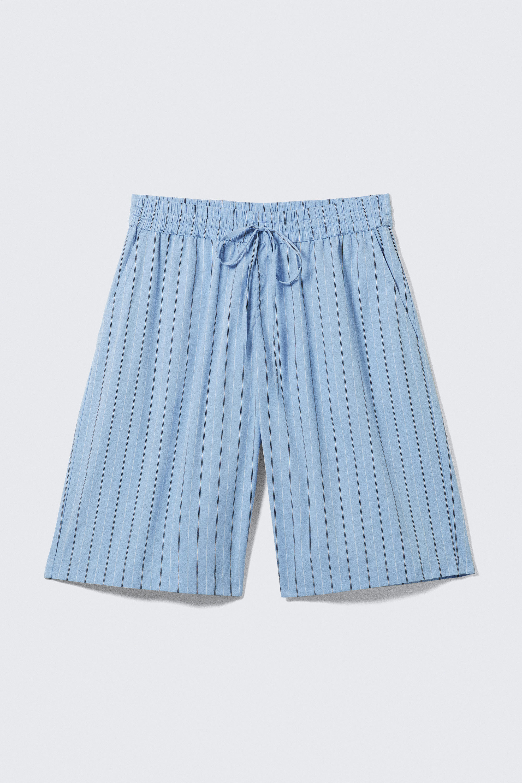 Striped Blue - Relaxed Low Rise Knee-length Cotton Shorts - 4