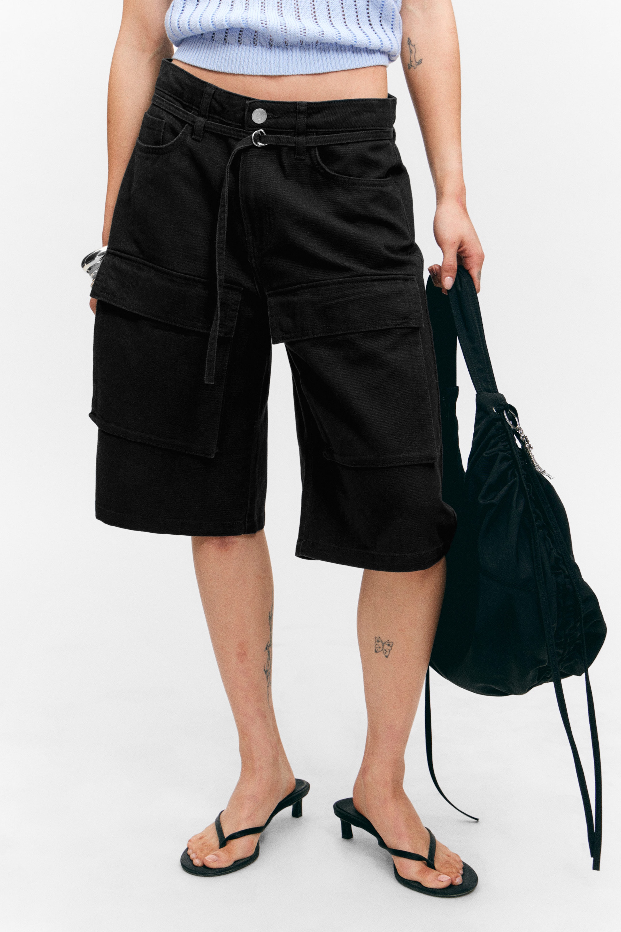 Black - Low Rise Cargo Cotton Twill Jorts - 2