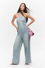 Space Blue - Light Blue - Halter Neck Denim Jumpsuit - 0