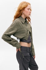 Checked Dark Khaki Green - Cropped Loose Cargo Shirt - 2
