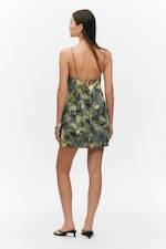 Grey - Dirty Floral - Tie-Back Twill Mini Dress - 2