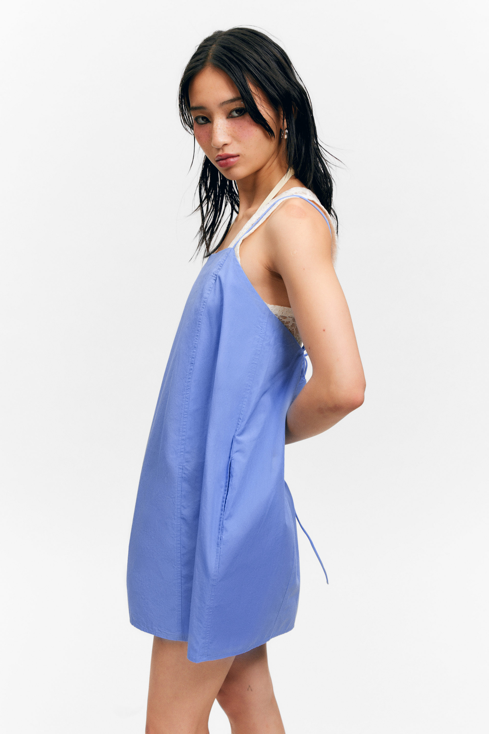 Blue - Tie-Back Twill Mini Dress - 2