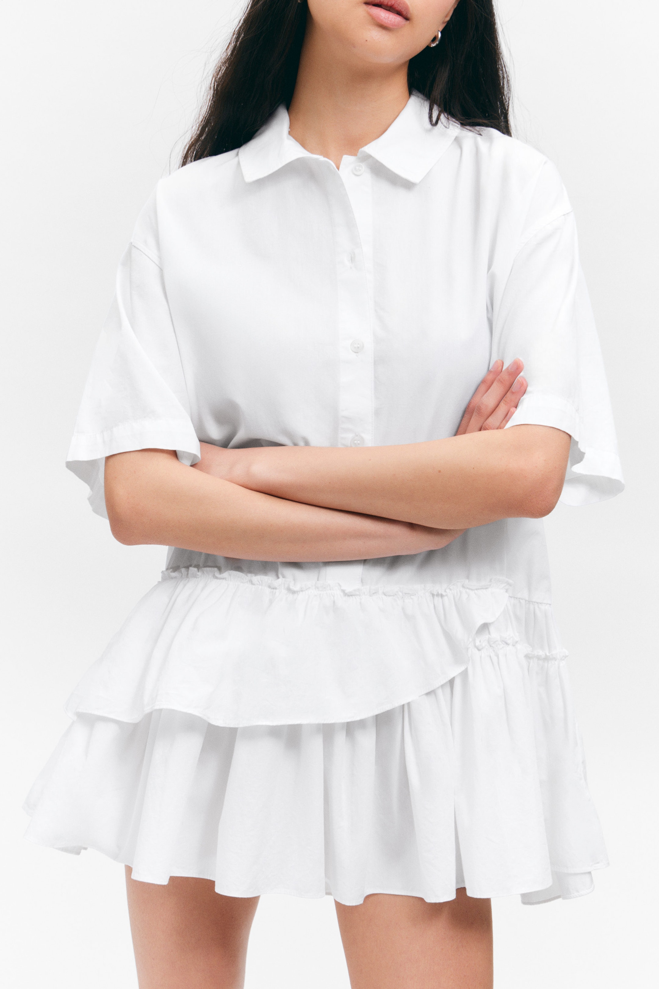 White - Oversized Ruffled Mini Shirt Dress - 2