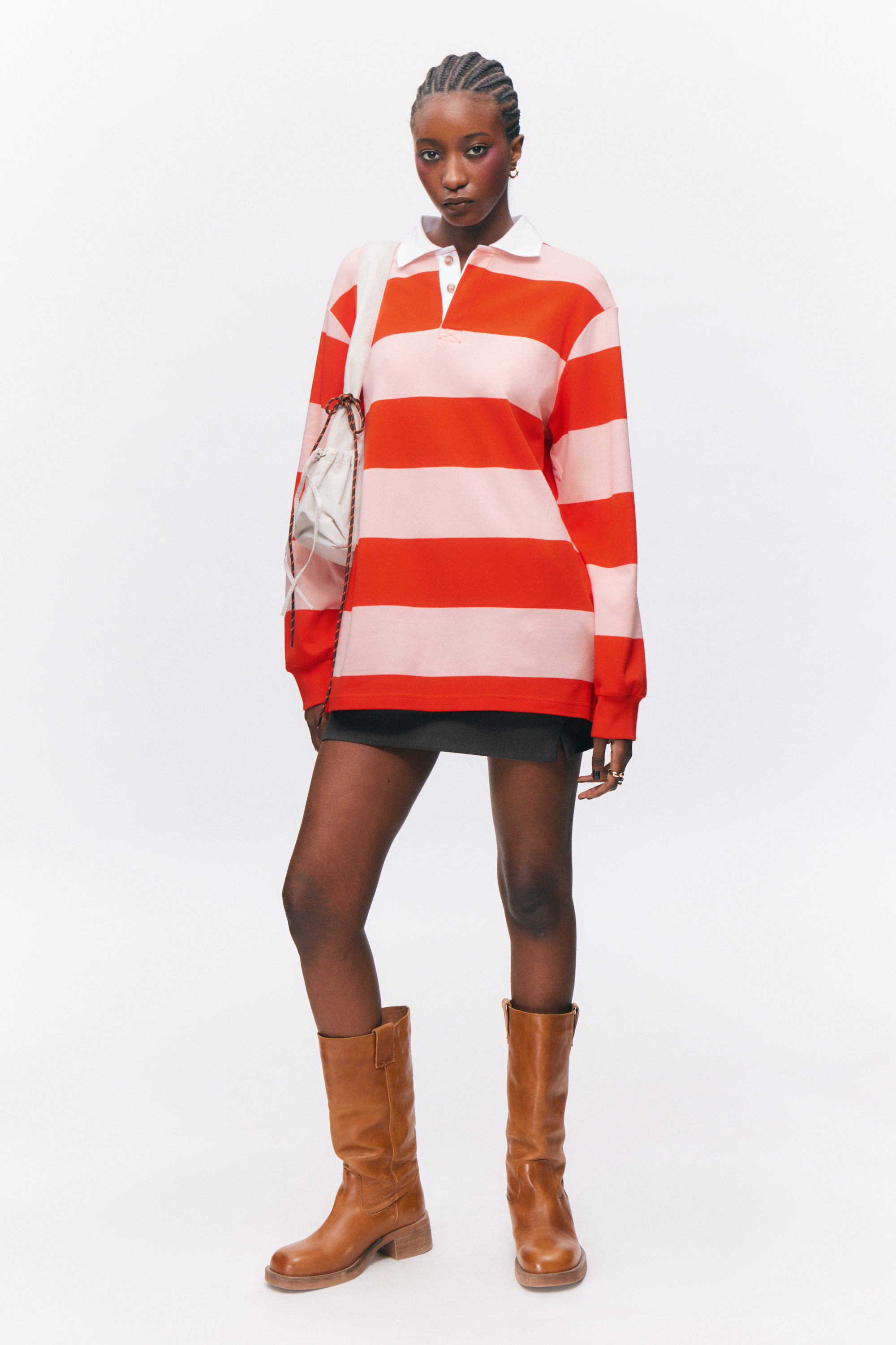 Red & Pink Stripes - Long-Sleeved Rugby Mini Dress - 1