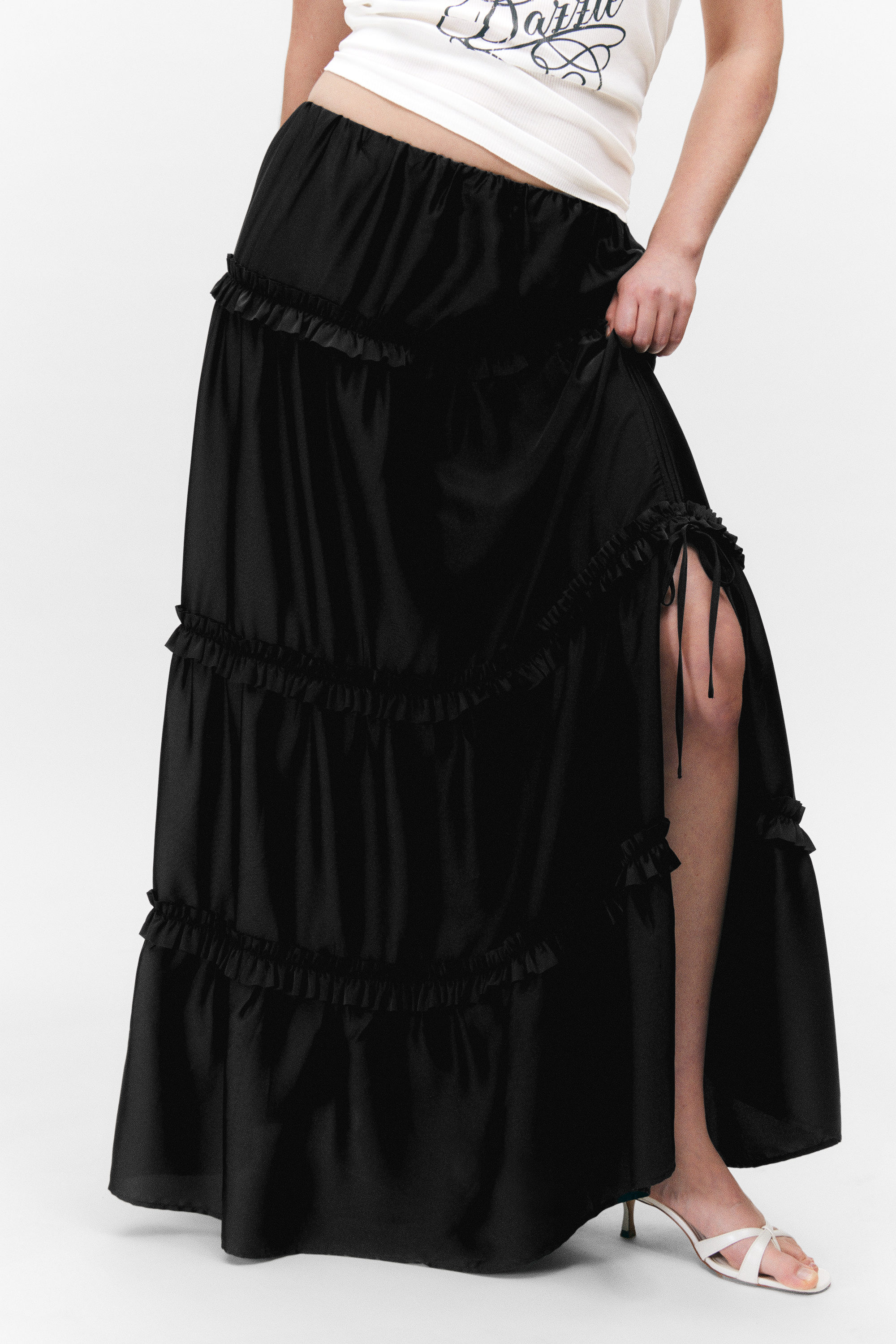 Black - Tiered Frilled Maxi Skirt - 2