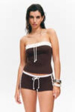 Dark Brown - Contrast Trim Mini Hot Pants - 1