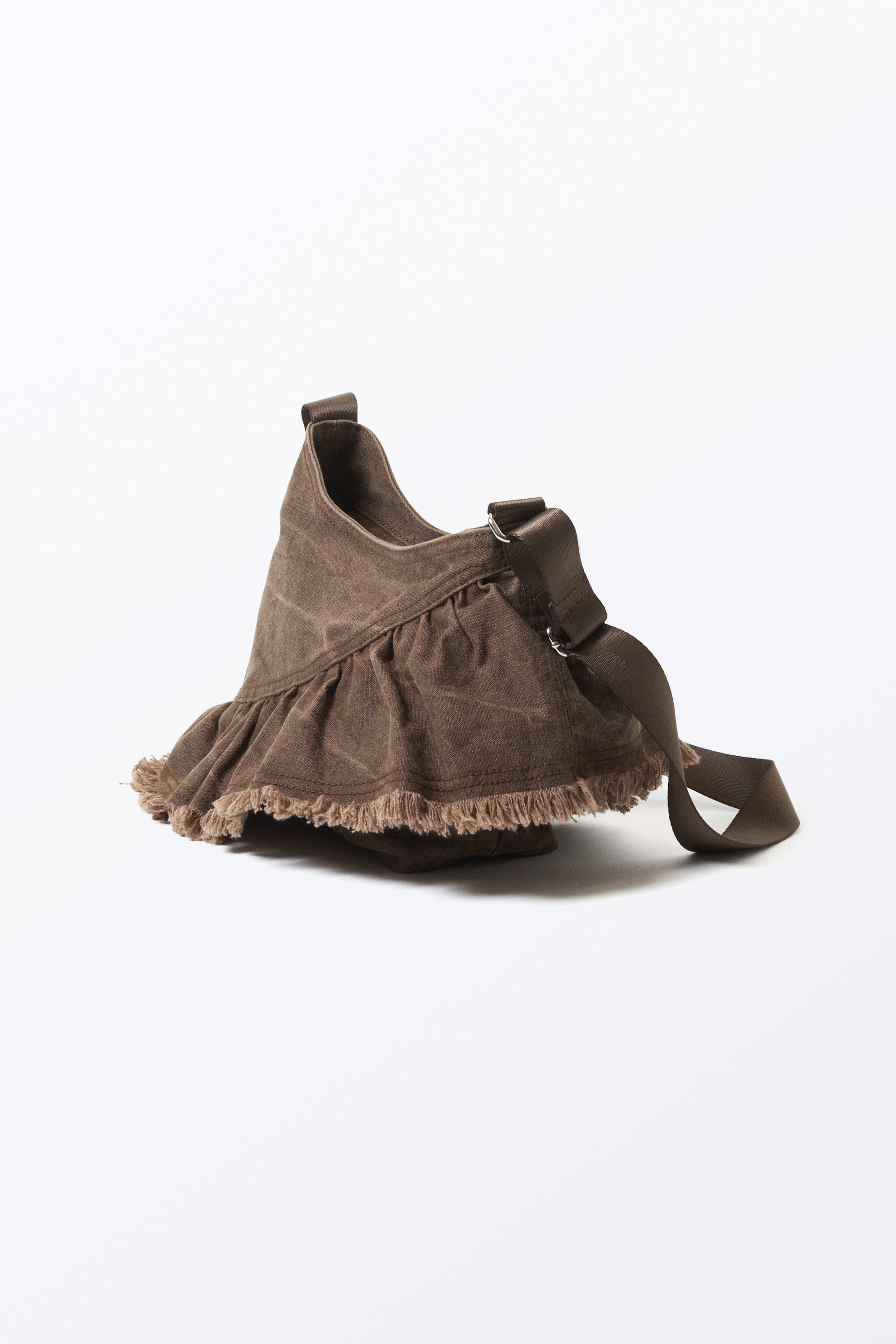 Washed Dark Brown - Frilled Cotton Canvas Handbag - 2
