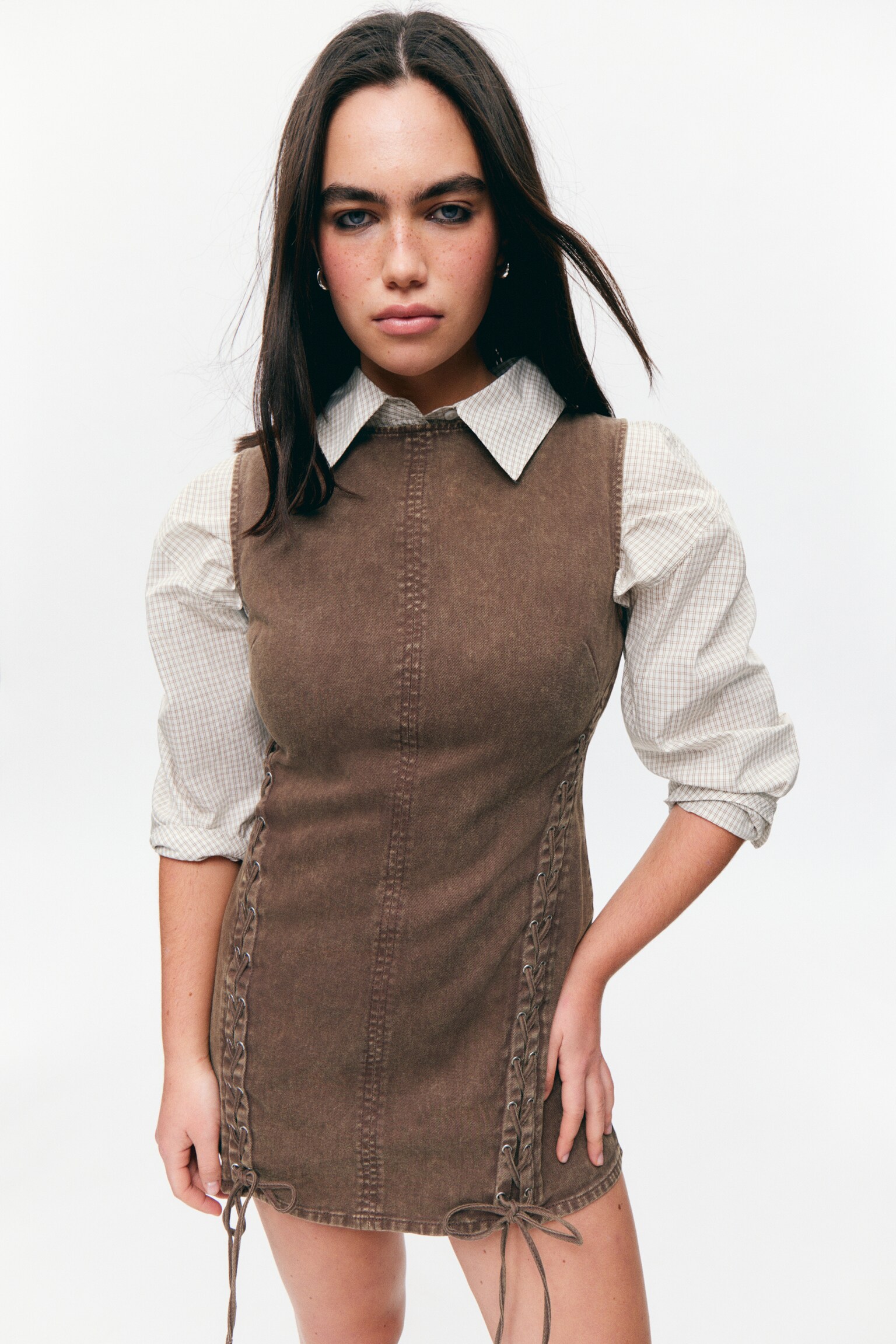 Sleeveless Lace-Up Mini Dress - Washed Dark Brown - 4