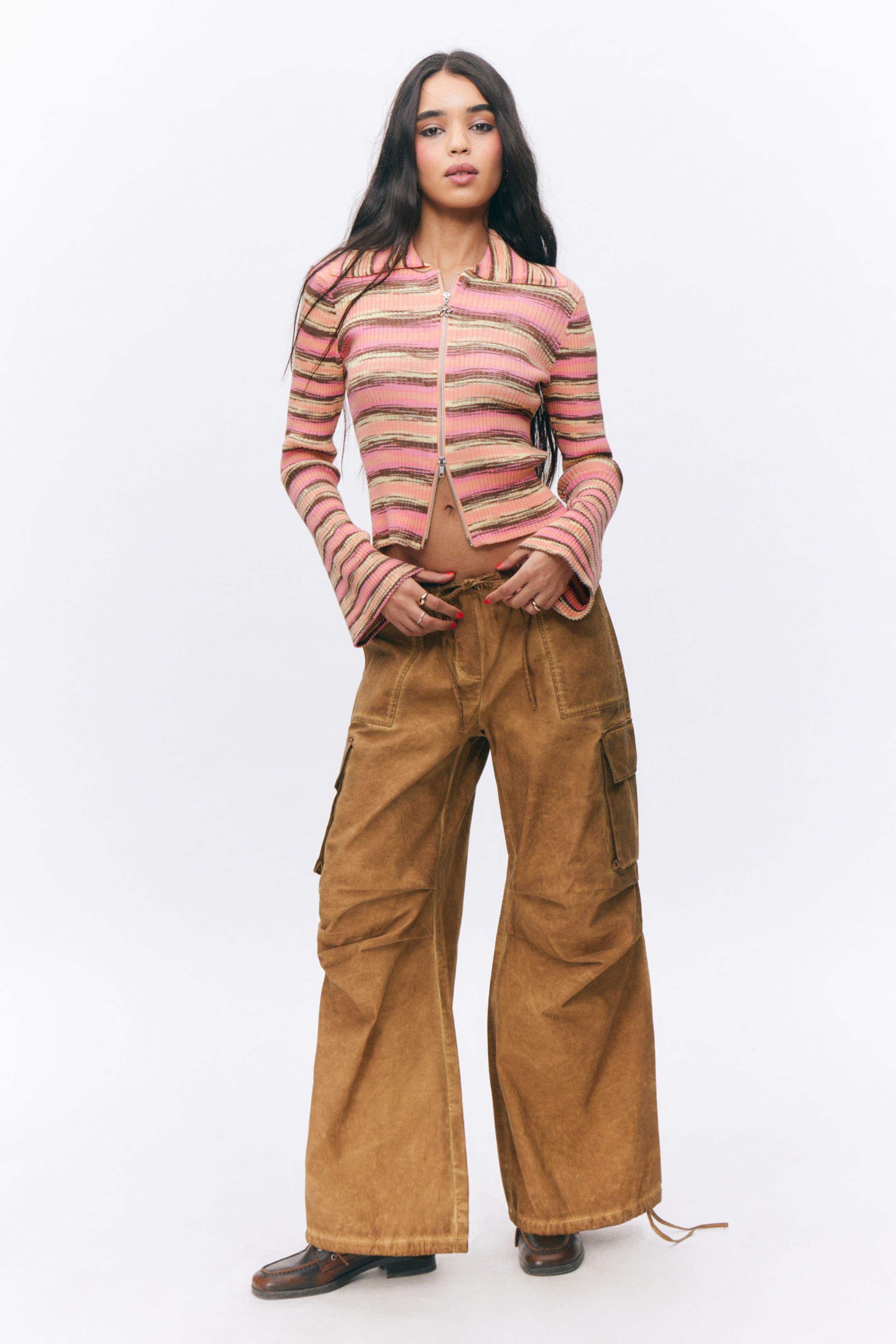 Pink Multi Stripe - Flare-Sleeved Rib-Knitted Cardigan - 1