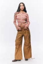 Pink Multi Stripe - Flare-Sleeved Rib-Knitted Cardigan - 1