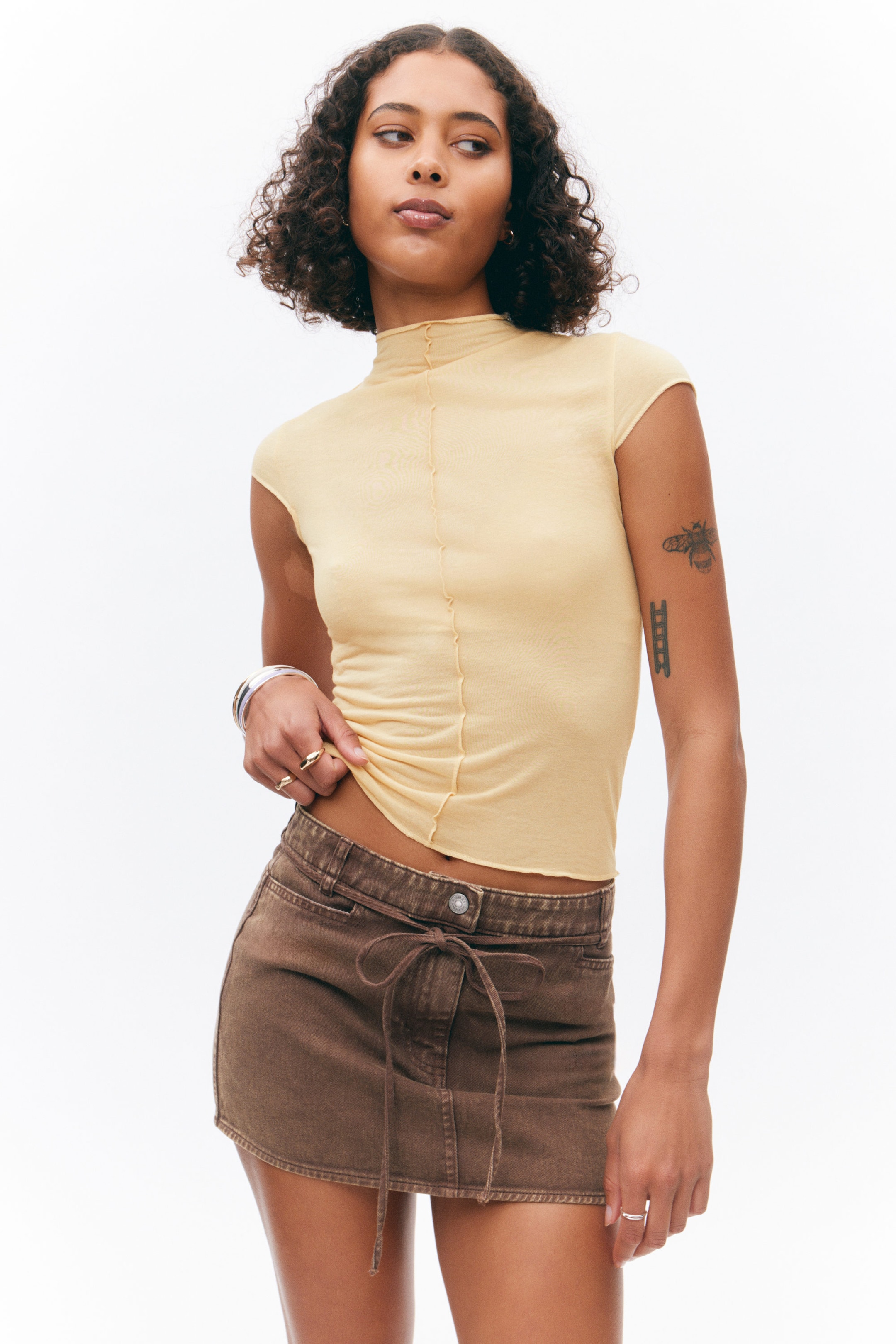 Light Yellow - Fitted Cap-Sleeved Mock-Turtleneck T-shirt - 1