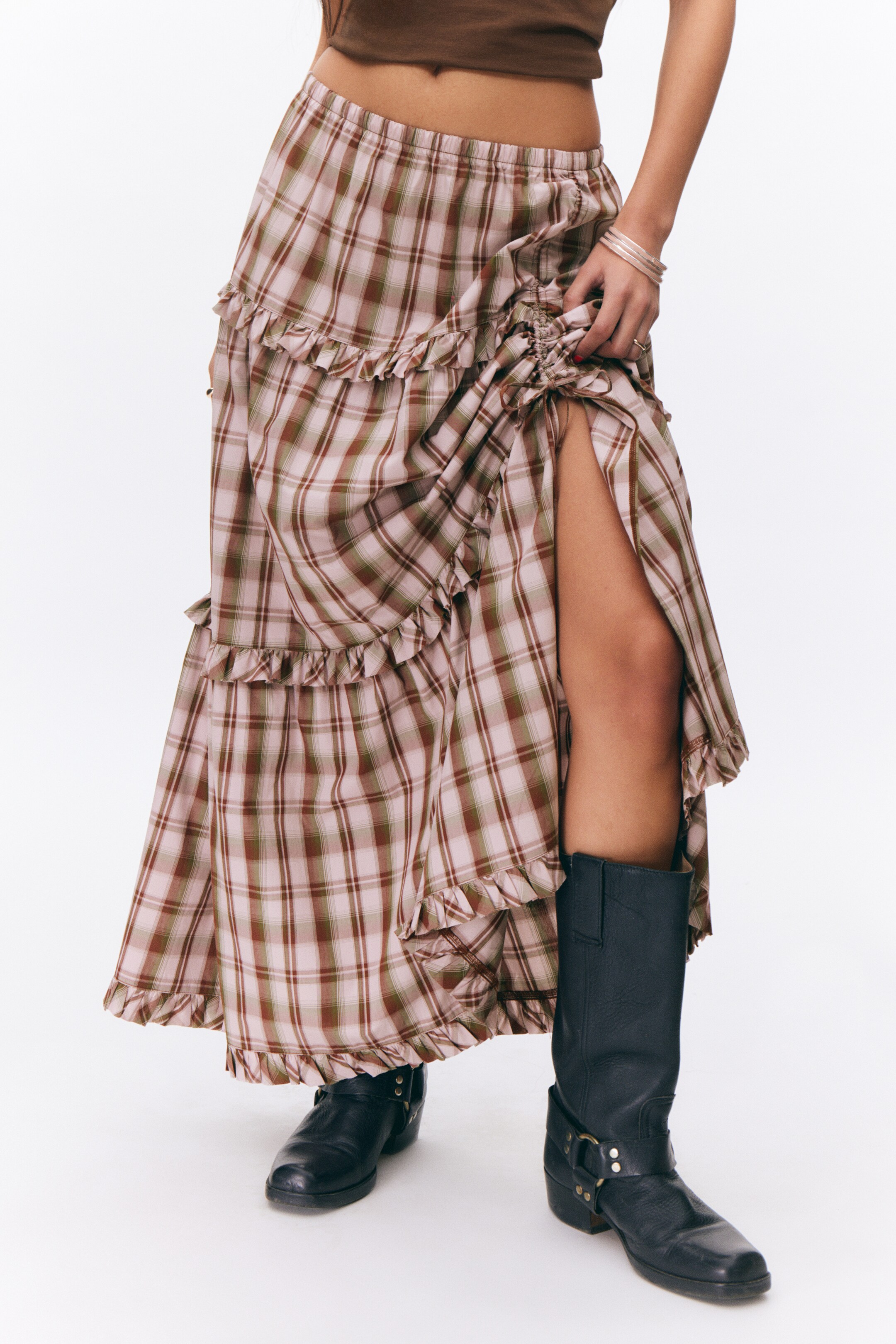 Visa större bild: Maxikjol med volang i bomull - Rutig rosa - DAM | H&M SE 2