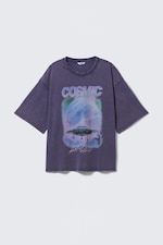 Washed Blau - "Cosmic Blaze" - Bedrucktes T-Shirt mit Boxy Fit - 0