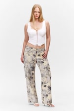 Beige - Blumen - Lockere Twill-Cargo-Hose mit niedriger Taille - 0