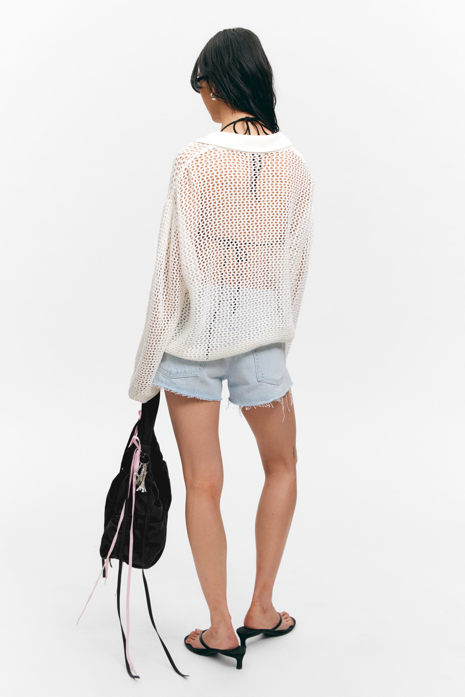 Open-Knit Button-Up Cardigan - Dusty White/Black - 4