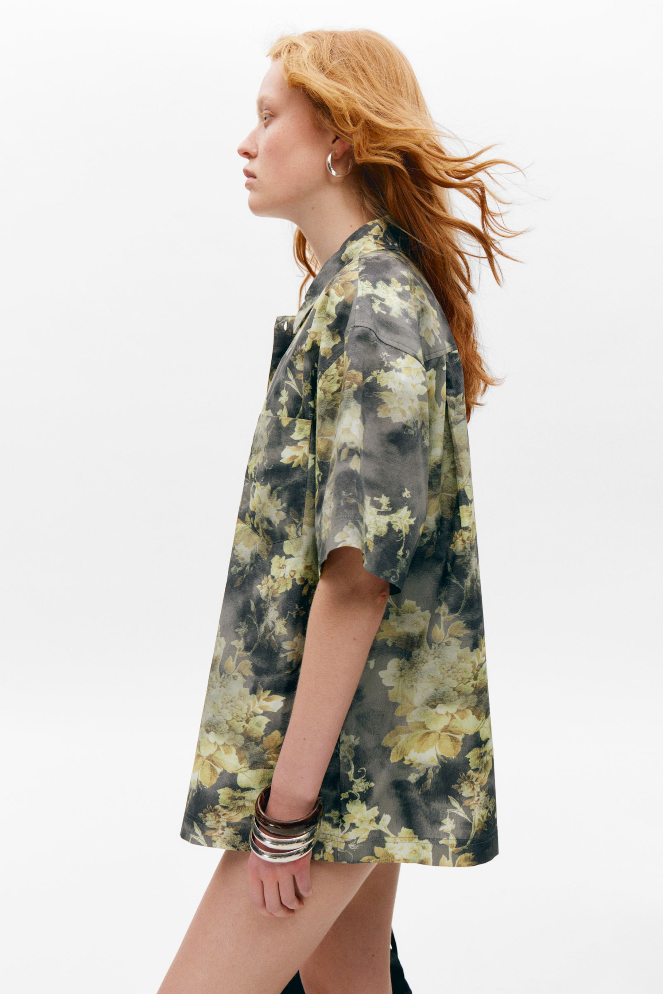 Dark Grey - Dirty Floral - Oversized Short-Sleeved Cotton Poplin Shirt - 2