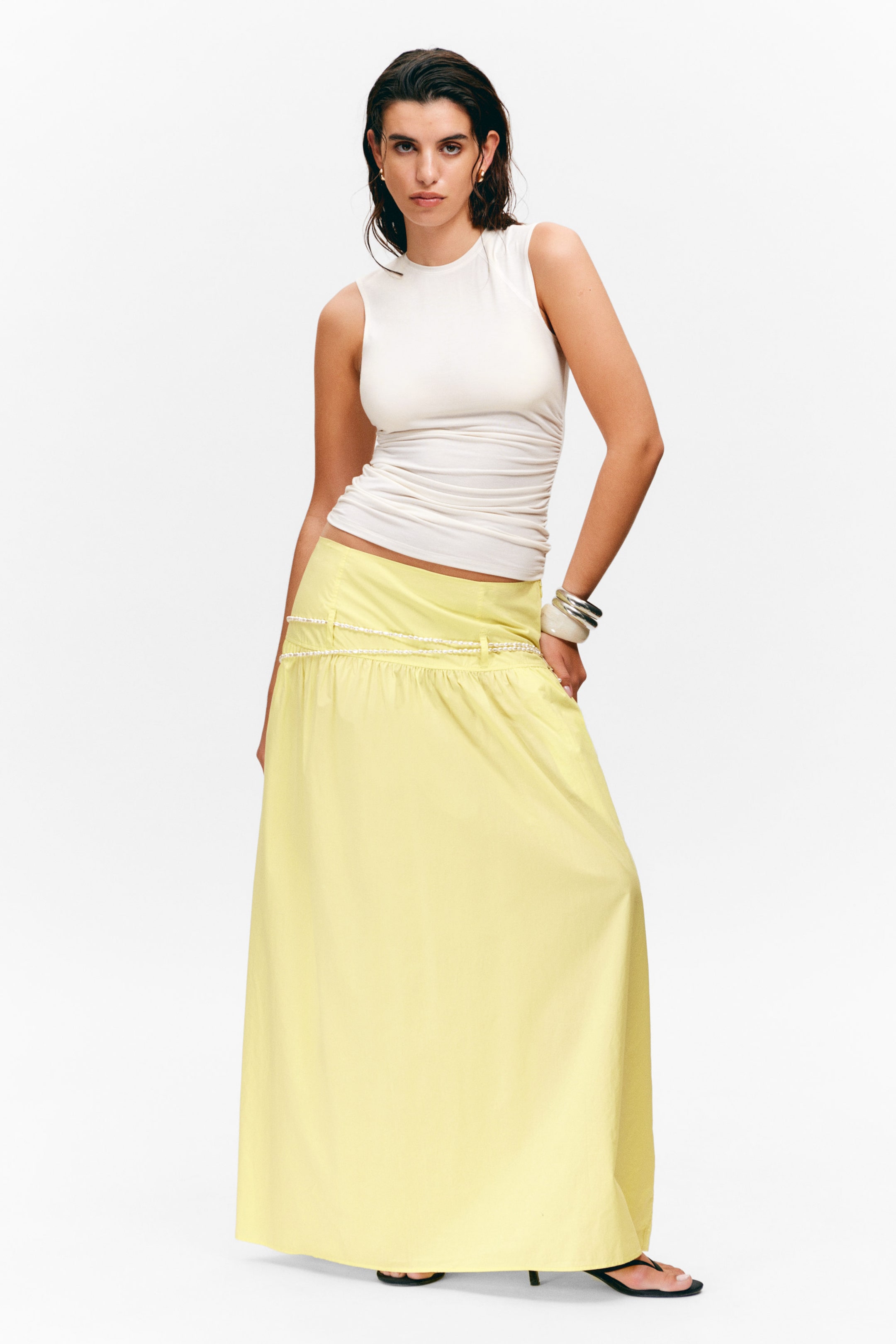 Light Yellow - Gathered Cotton Poplin Maxi Skirt - 1
