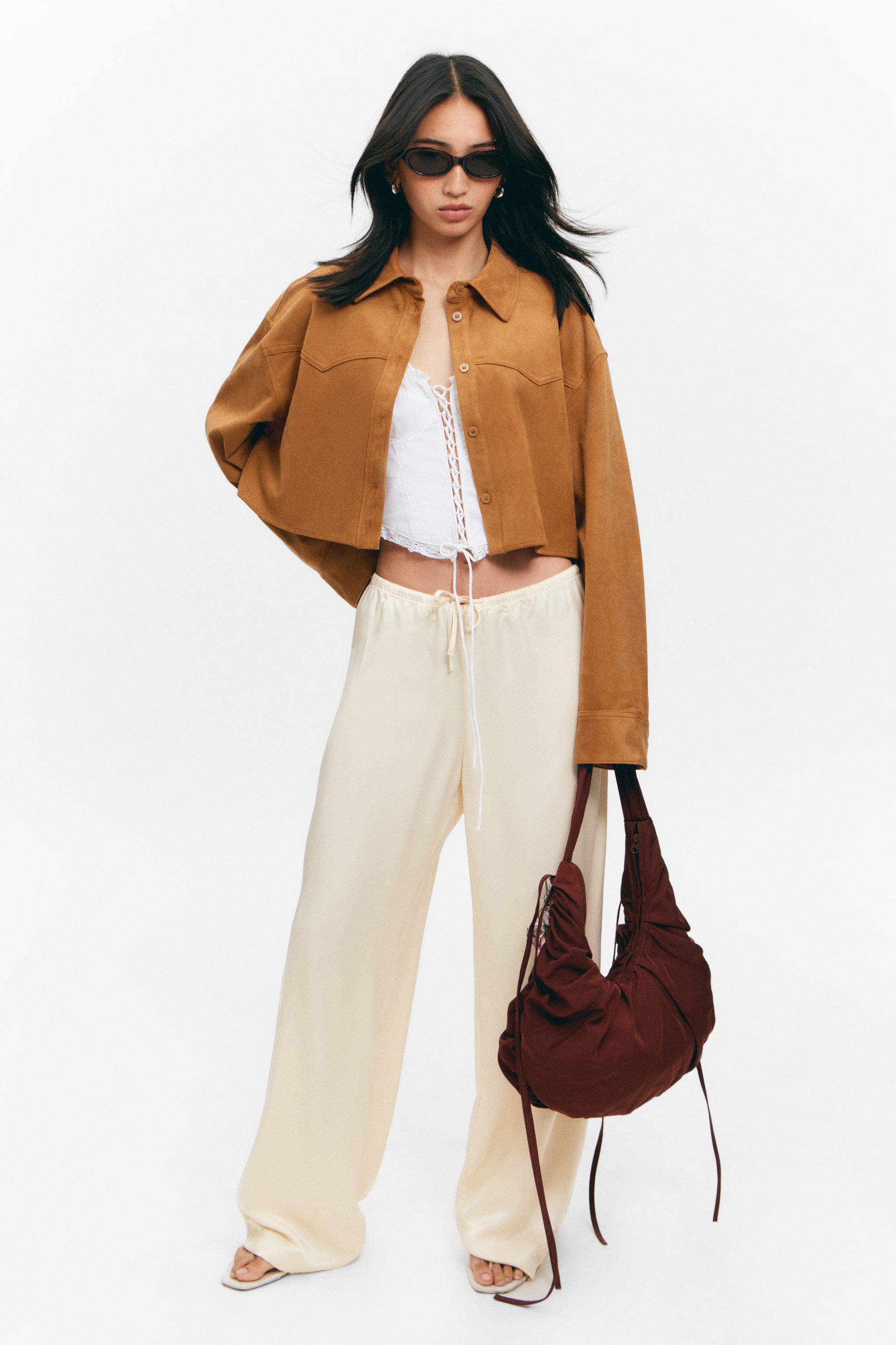 Brown - Cropped Faux Suede Western Shirt - 1