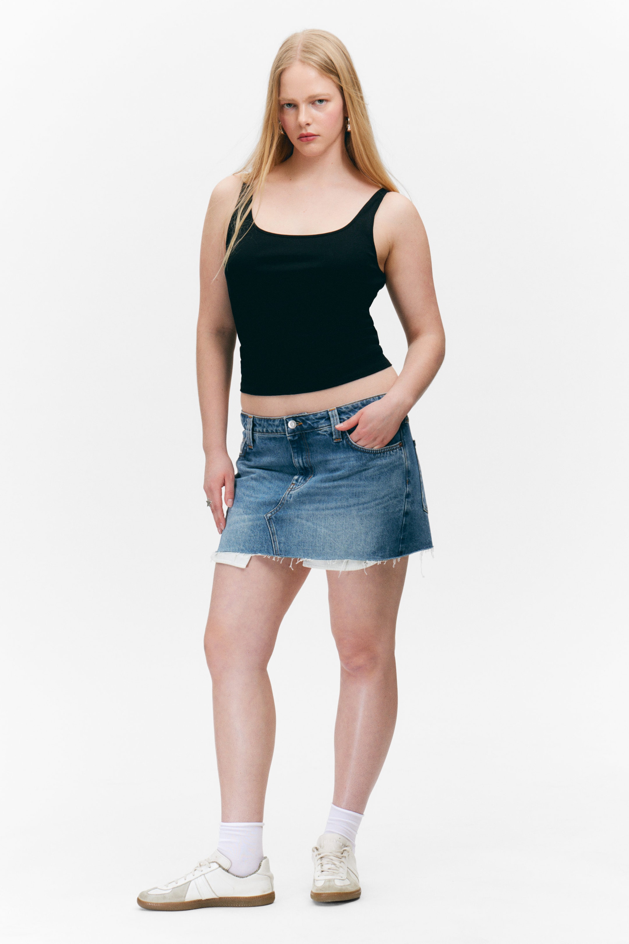 Mountain Blue - Medium Blue - Low Rise Raw Hem Mini Denim Skirt - 1