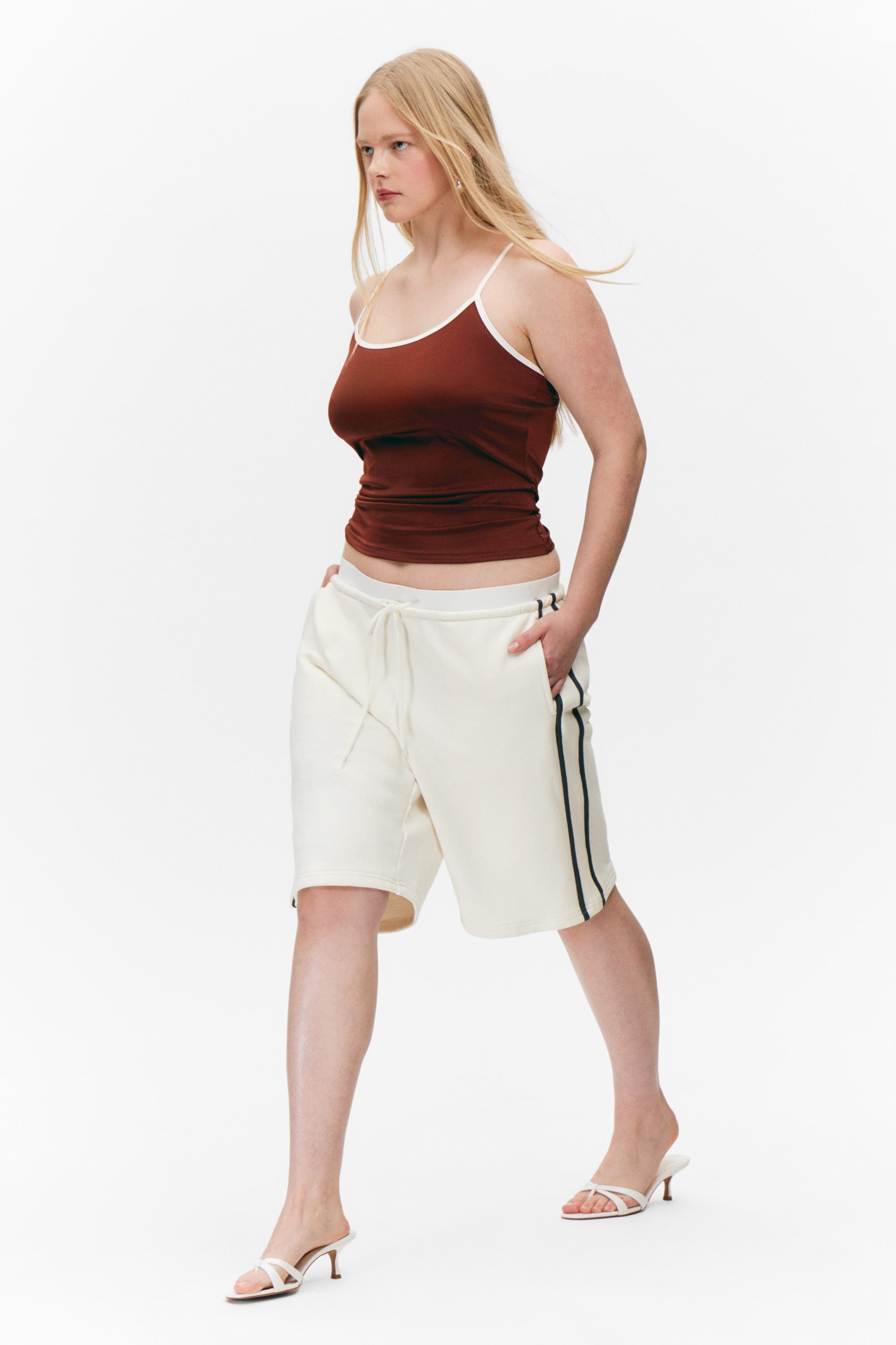 White - Black Stripe - Relaxed Low Rise Terry Bermuda Shorts - 2