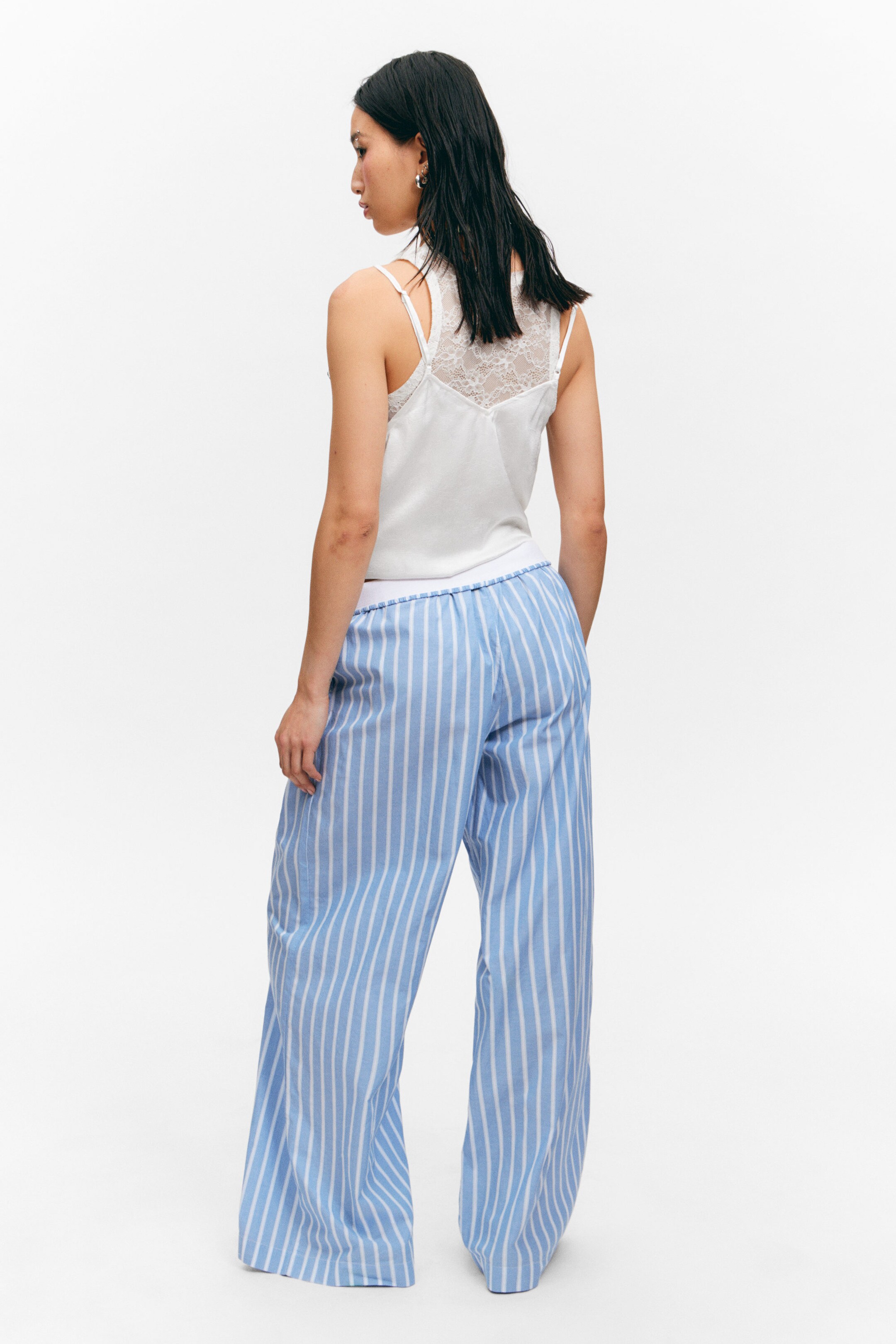 Randig Blå - Byxor med vida ben i bomulls-twill - 4