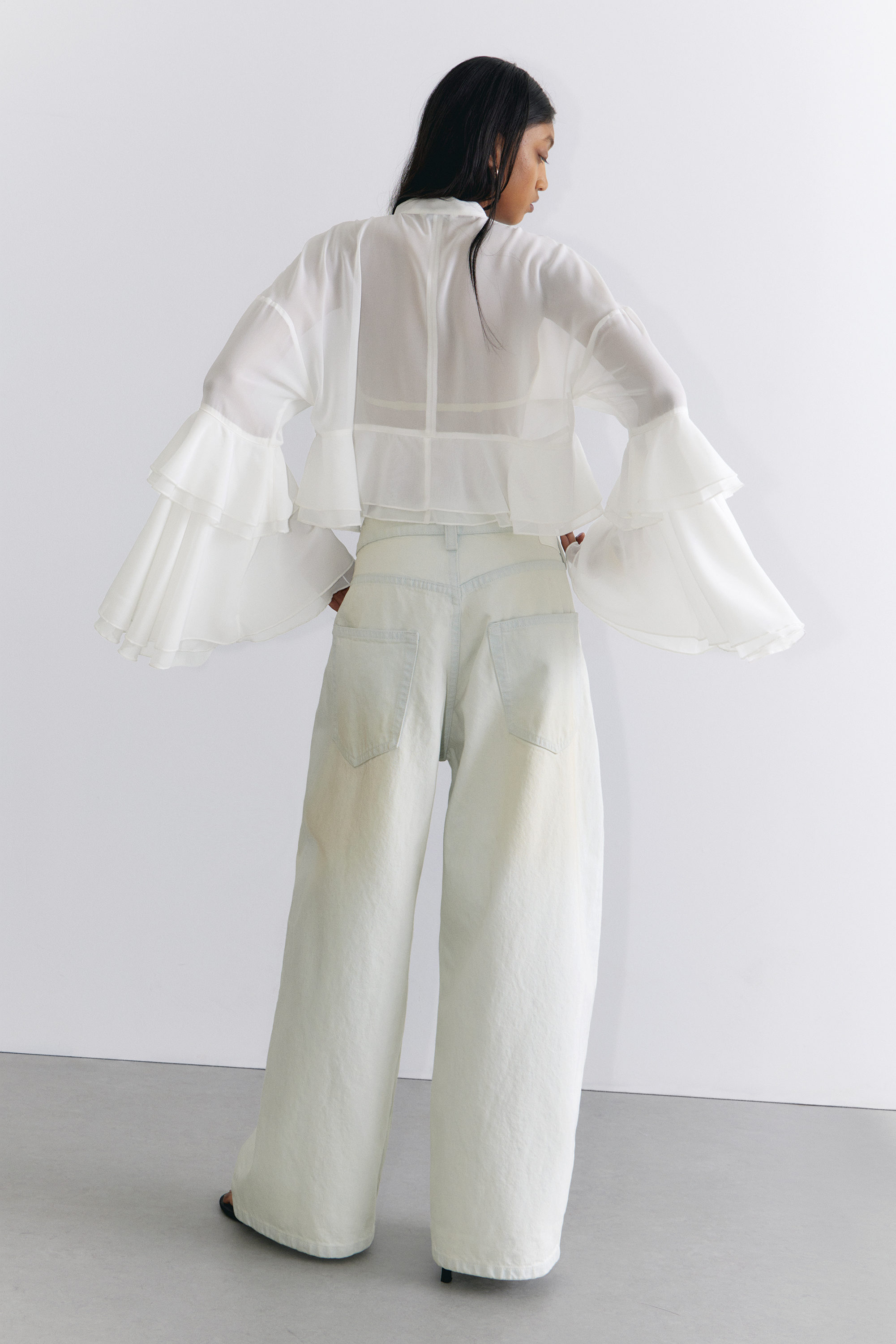 White - Flared Frill-Sleeved Tie-Neck Blouse - 3