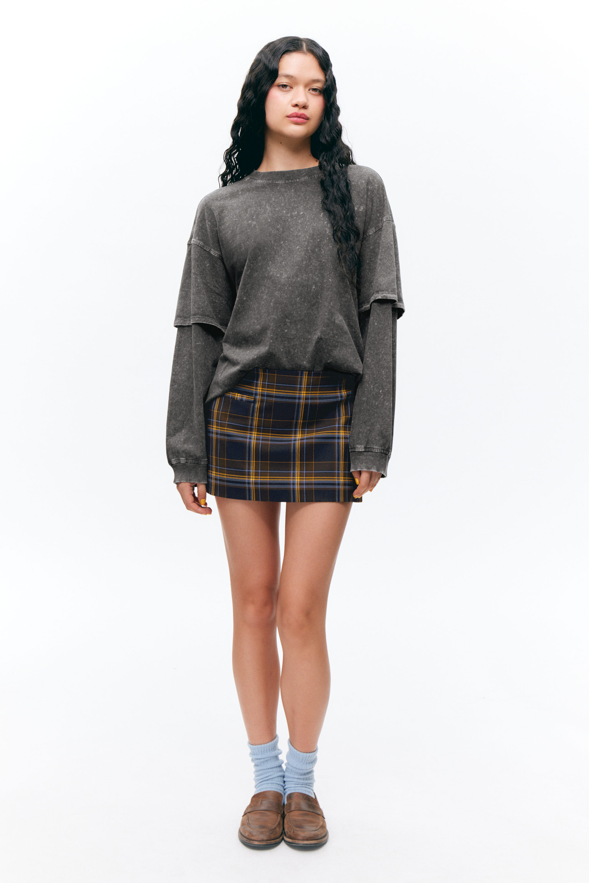 Washed Black - Long-Sleeved Double-Layered Oversized T-shirt - 1