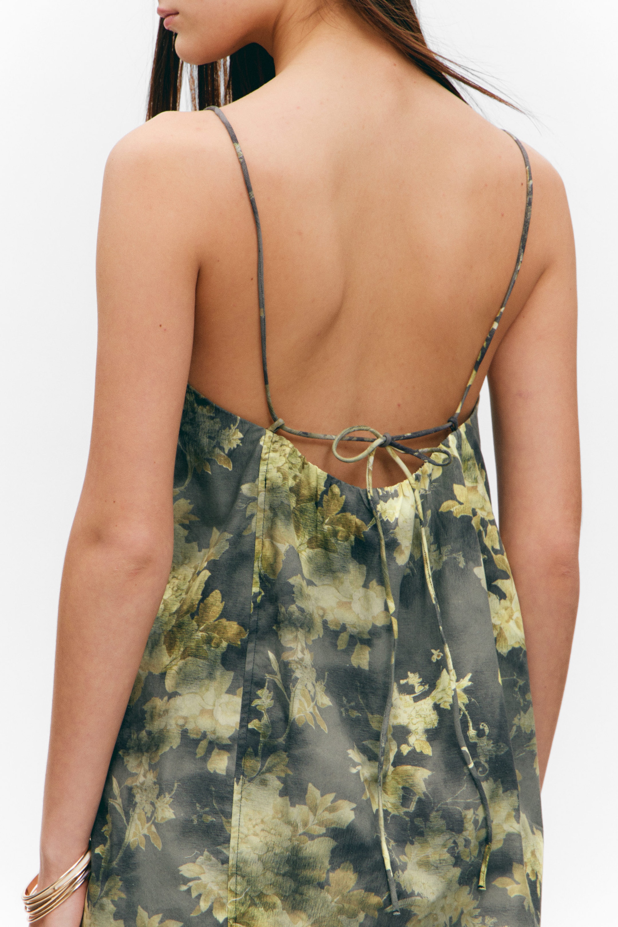 Grey - Dirty Floral - Tie-Back Twill Mini Dress - 3