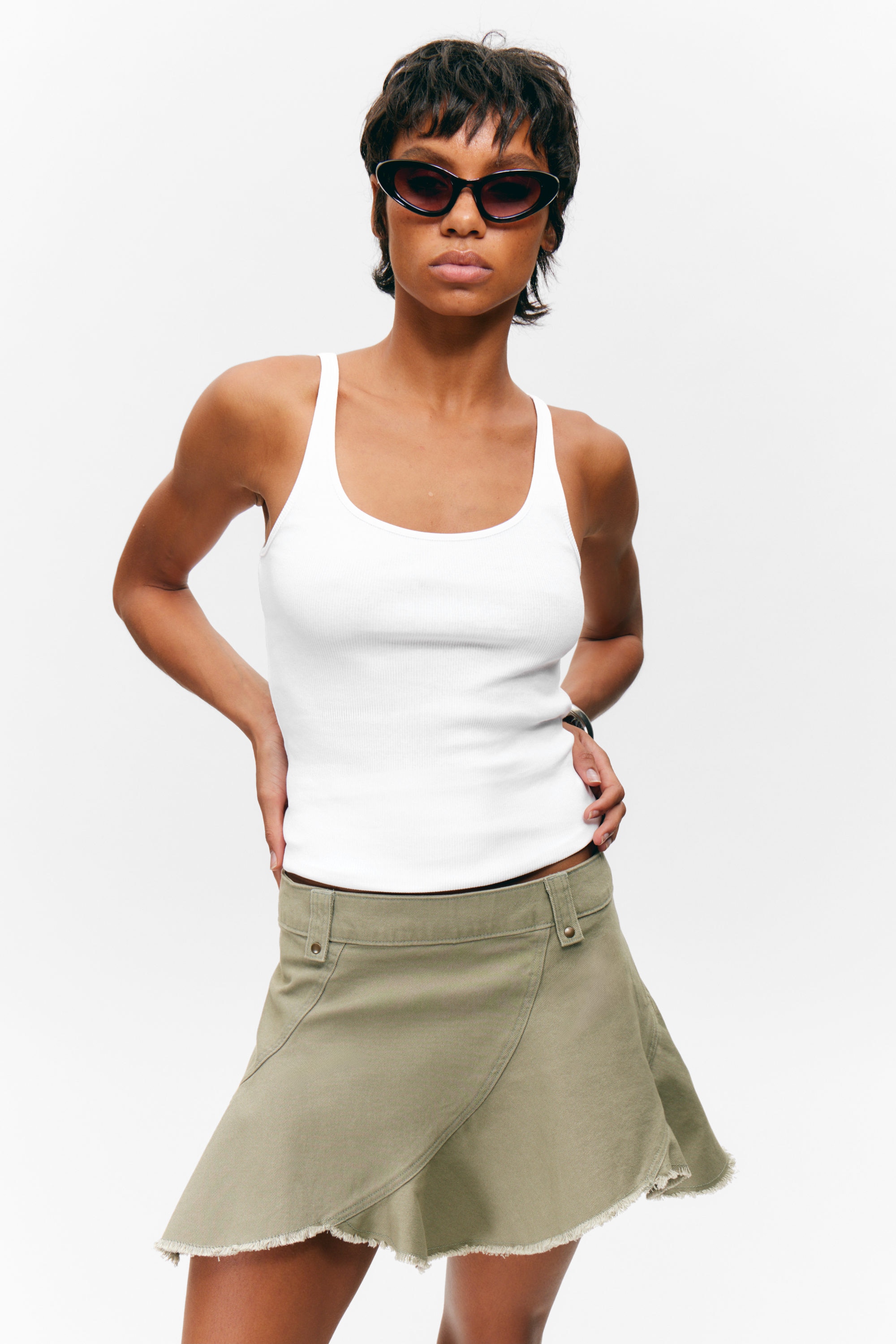 Khaki Green - Frayed Asymmetric Mini Twill Skirt - 2