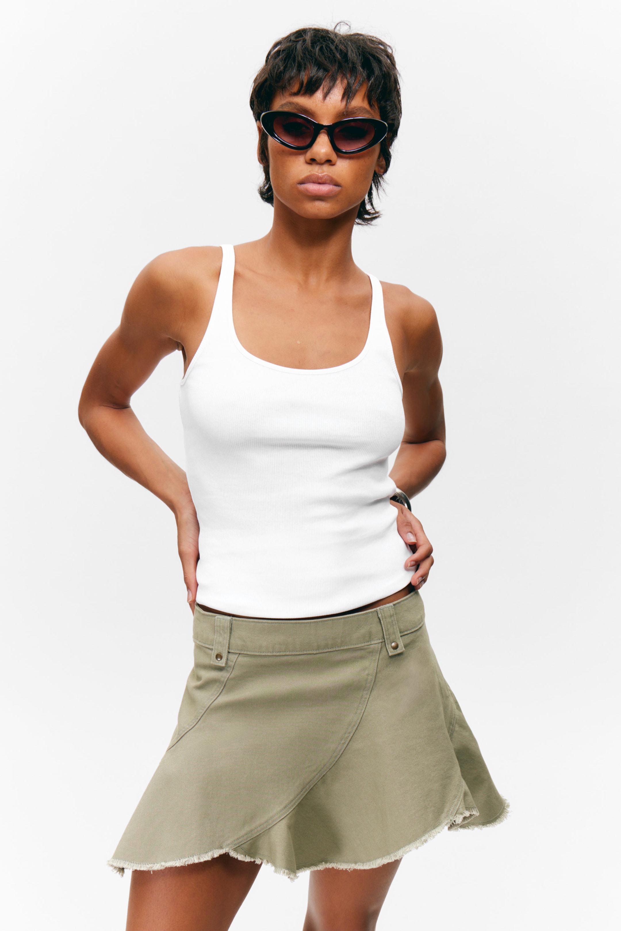 Khaki Green - Frayed Asymmetric Mini Twill Skirt - 2