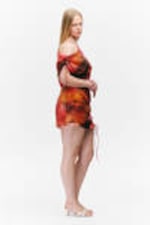 Orange/Red - Calypso Flower - Asymmetric Draped Mini Dress - 2