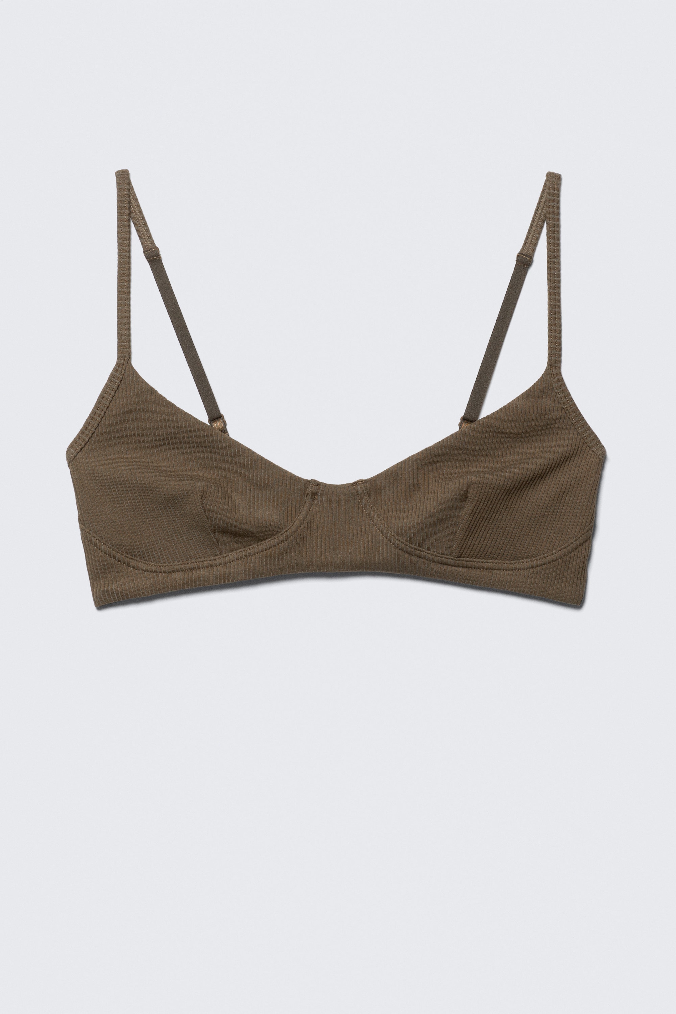 Dark Brown - Ribbed V-neck Cotton Bra - 1