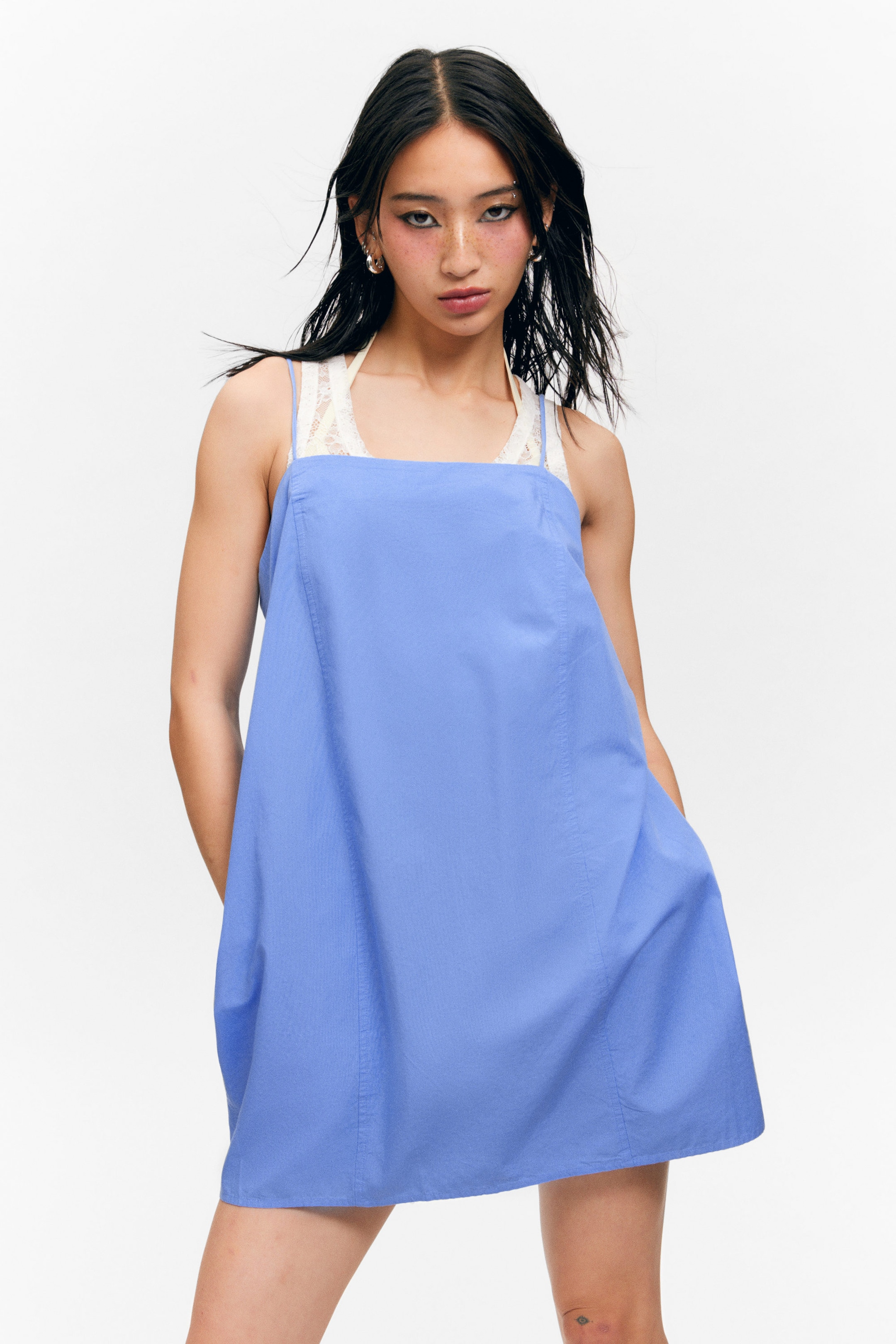 Blue - Tie-Back Twill Mini Dress - 2