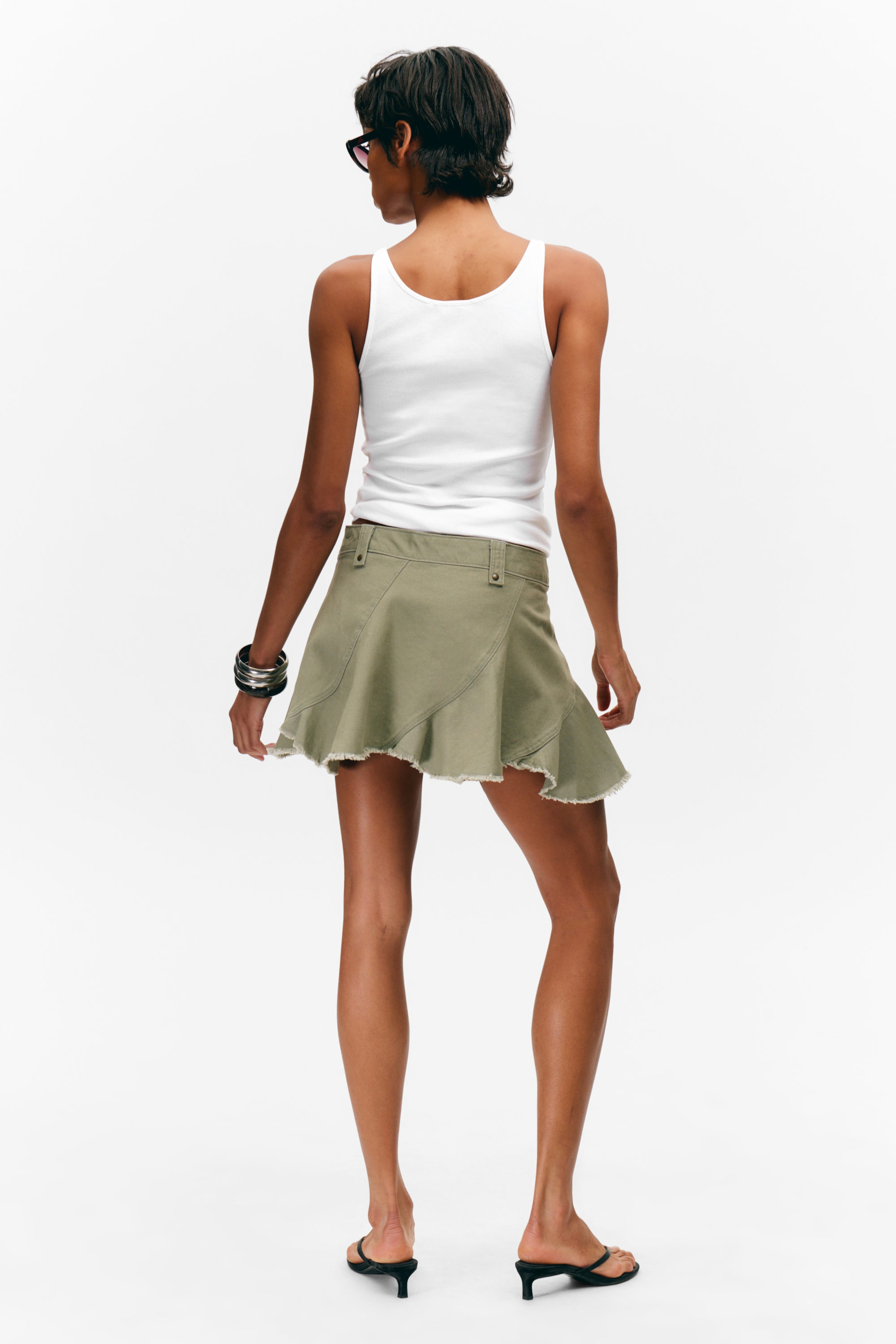 Khaki Green - Frayed Asymmetric Mini Twill Skirt - 3