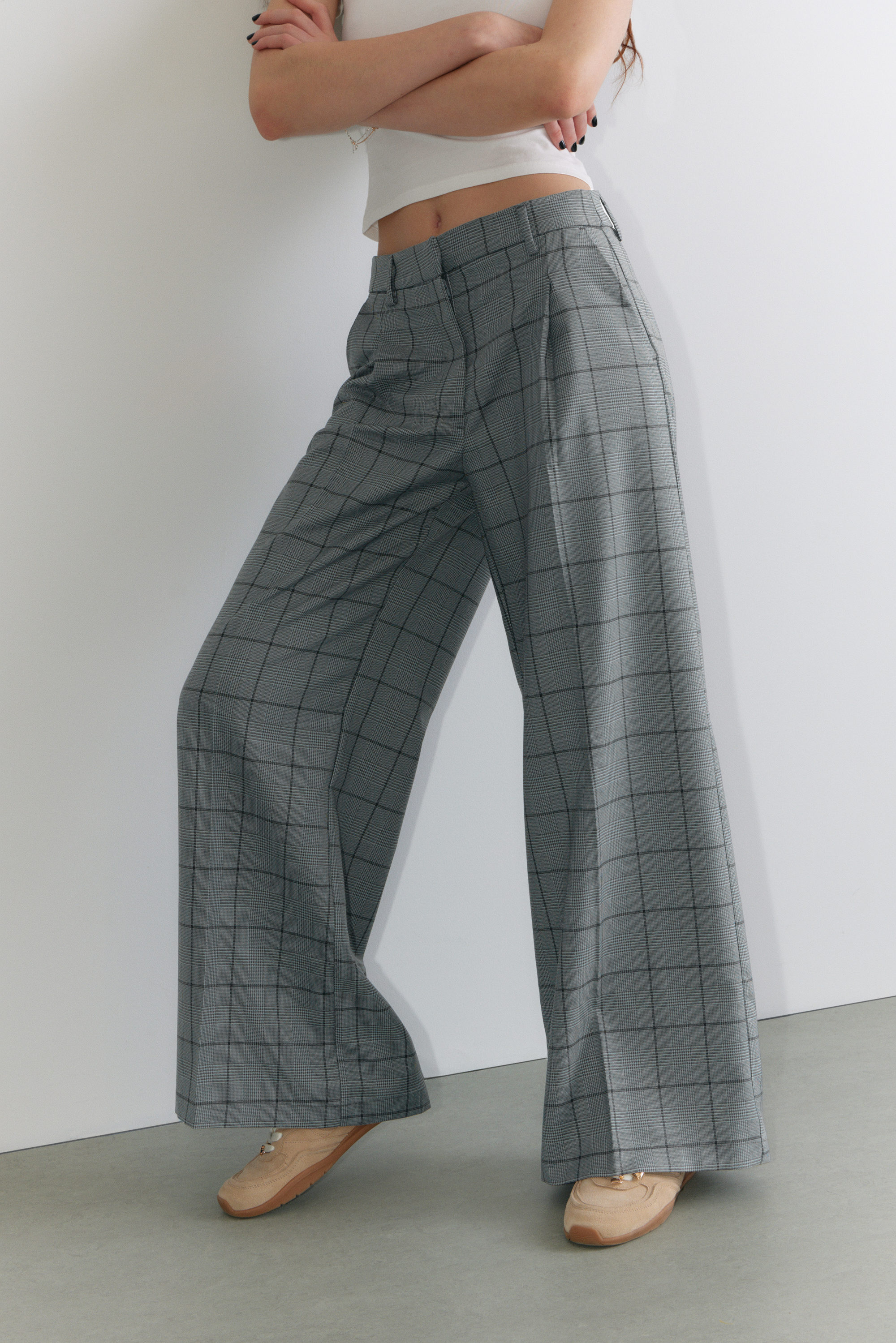 Checked Grey - Pleated High Waist Wide Leg Suiting Trousers - 2