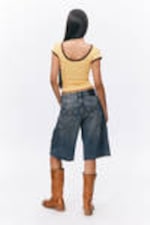 Yellow - Brown Binding - Short-Sleeved Cowl Neck Top - 2