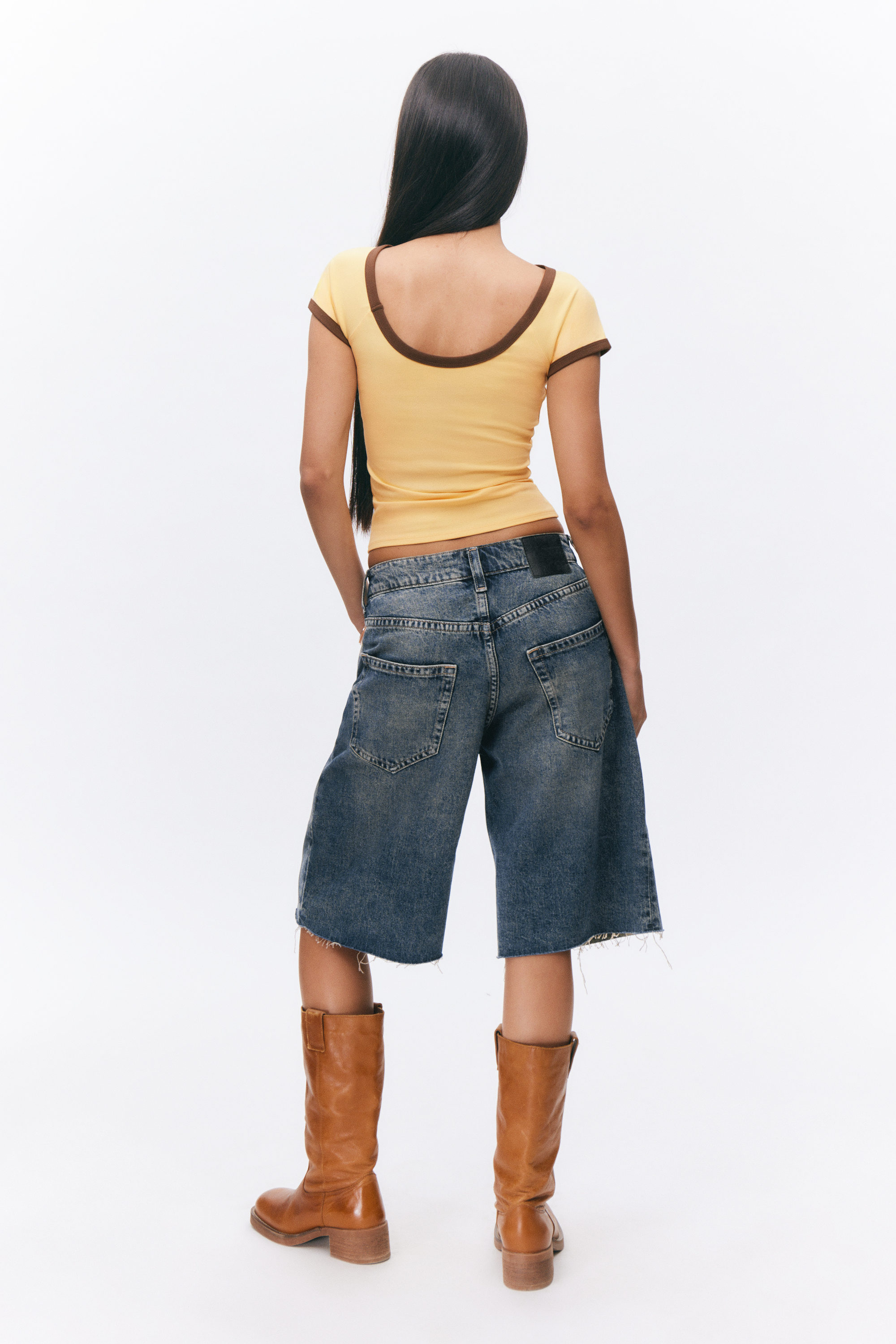 Yellow - Brown Binding - Short-Sleeved Cowl Neck Top - 2