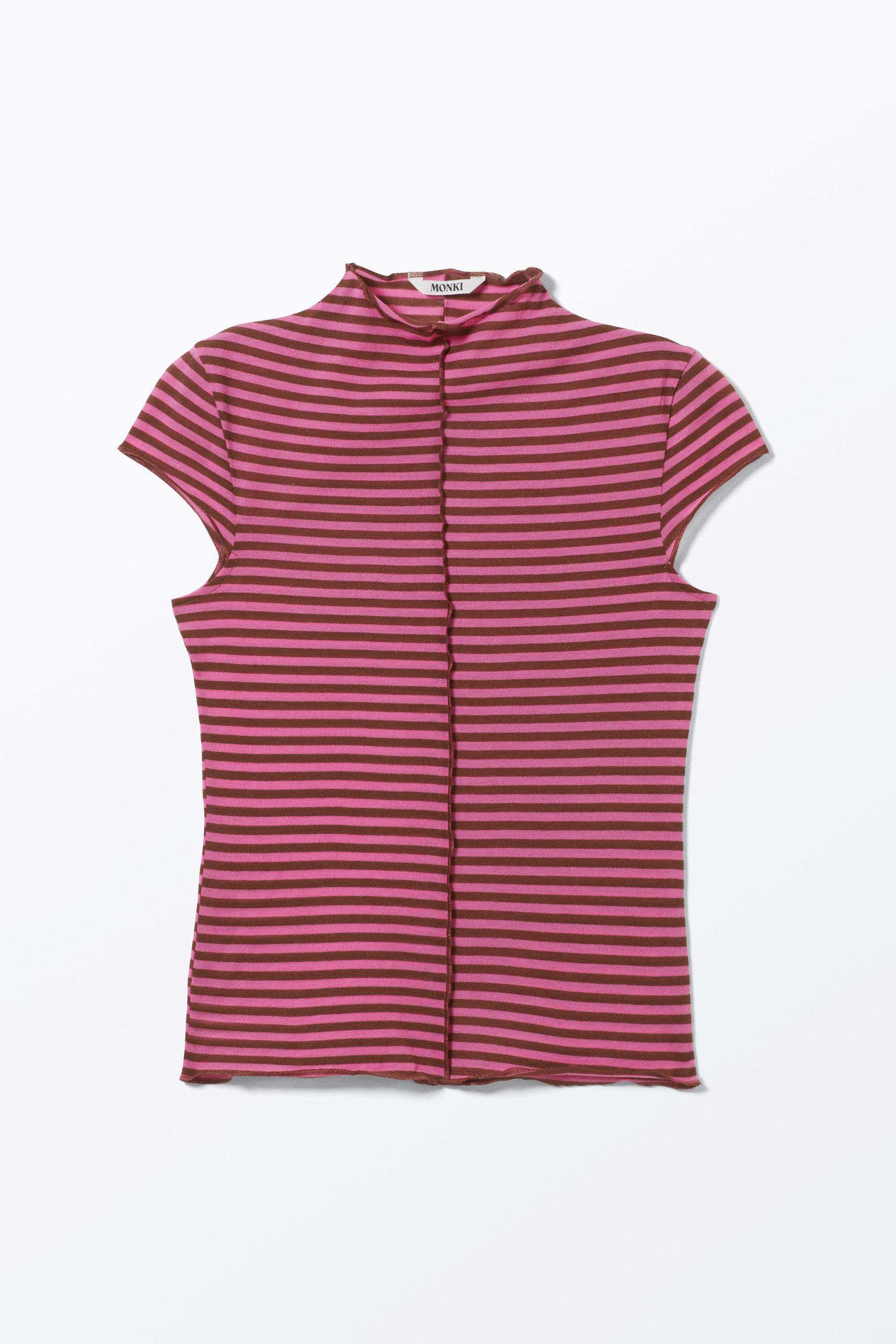 Striped Pink - Fitted Cap-Sleeved Mock-Turtleneck T-shirt - 3